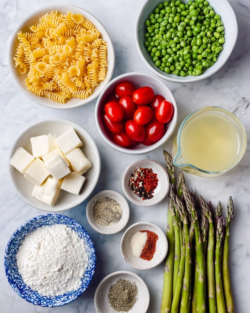 The image shows an overhead view of various ingredients arranged neatly on a white marbled surface. There are seven white bowls, each containing different items: one has yellow curly pasta, another has frozen green peas, one has bright red grape tomatoes, another holds creamy white sauce, and one contains finely grated cheese. Two decorative blue and white bowls hold three cubes of butter and white flour, respectively. A small white bowl contains mixed spices including red pepper flakes, black pepper, garlic powder, and dried herbs. Several fresh green asparagus stalks are placed directly on the surface next to a clear measuring cup with light yellow liquid. Photo taken with an iphone --ar 4:5 --v 7