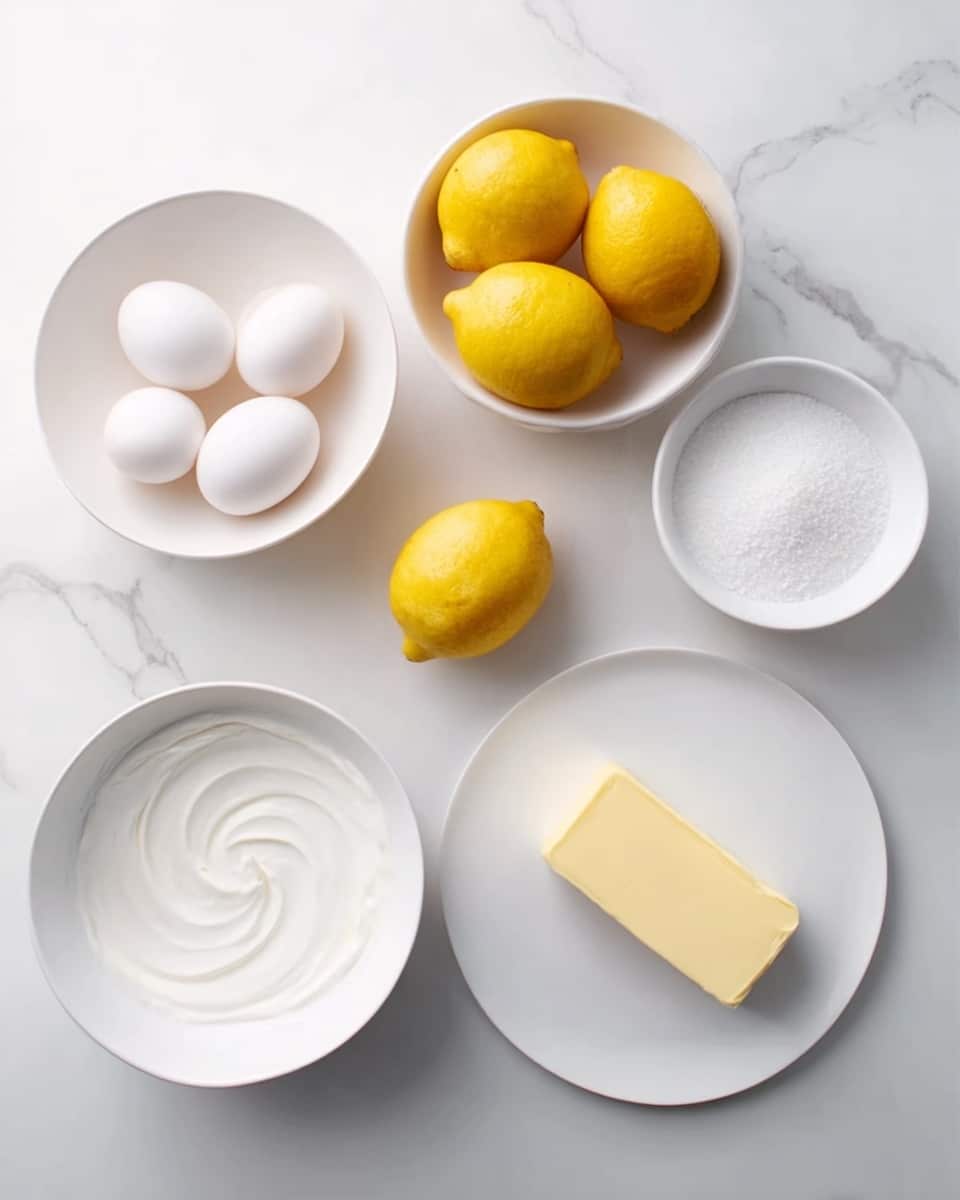 A top view of several white bowls and a white plate arranged on a white marbled surface, each holding different ingredients: one bowl contains four white eggs, another bowl holds three bright yellow lemons with one lemon outside the bowl, a smaller bowl has a white granular substance, a larger bowl is filled with white sugar swirled smoothly, and a white plate carries a rectangular piece of pale yellow butter. The colors are soft and natural with a clean, simple look. photo taken with an iphone --ar 4:5 --v 7