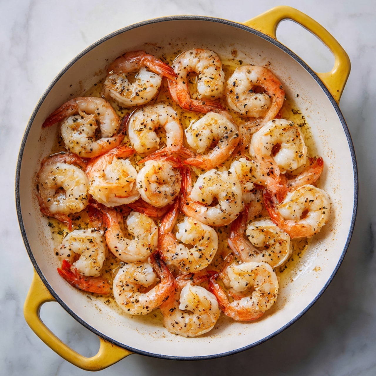 A white pan with yellow handles holds a single layer of cooked shrimp, arranged evenly with tails on, showing light orange and white colors with light black seasoning dots on top. The shrimp are sitting on a white marbled surface with some light brown cooking marks in the pan. photo taken with an iphone --ar 4:5 --v 7