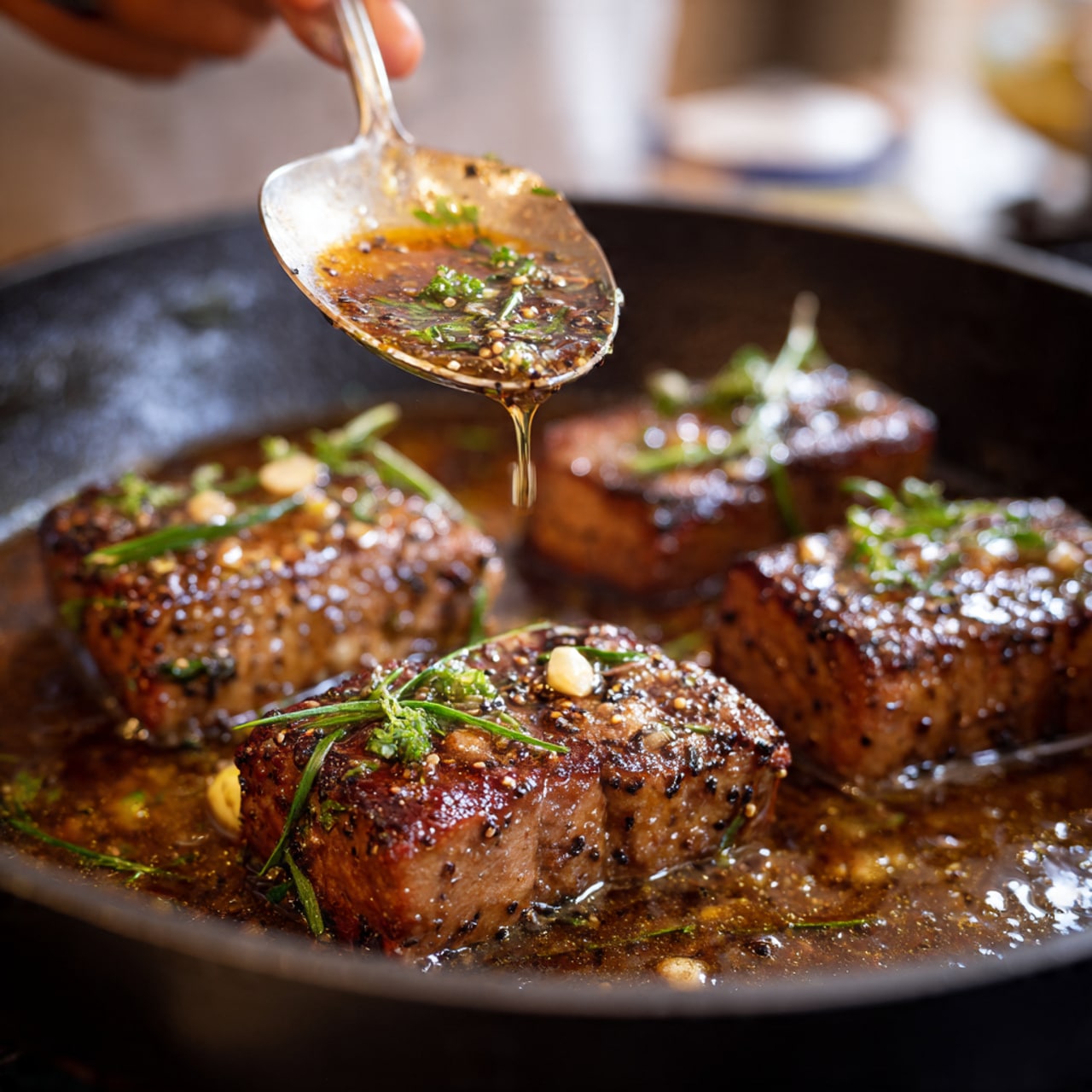 The image shows four rectangular pieces of cooked meat in a black pan, sitting in a golden-brown sauce with bits of green herbs and small white garlic pieces. One piece of meat in the front is sprinkled with black pepper and chopped green herbs. A woman's hand is holding a spoon above this meat piece, with droplets of sauce on the spoon reflecting light. The sauce looks thick and shiny, with visible specks of seasoning. The background is softly blurred, focusing on the meat and the spoon. Photo taken with an iphone --ar 4:5 --v 7