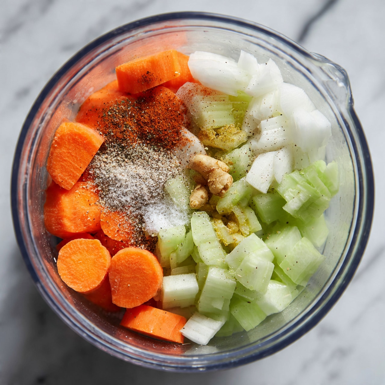 Inside a clear blender jar, there are several layers of chopped ingredients. The bottom layer has bright orange carrot slices with a smooth texture on the left side. Above that, pale green celery pieces with a slightly rough surface are piled to the right and center. To the right edge, white onion chunks with a crisp appearance are visible. On top of these vegetables, there are small pieces of yellow ginger scattered mostly in the middle, with some light brown powder spices sprinkled near the onion. A dusting of black pepper and white salt granules is spread over the celery and ginger. The blender sits on a white marbled surface photo taken with an iphone --ar 4:5 --v 7
