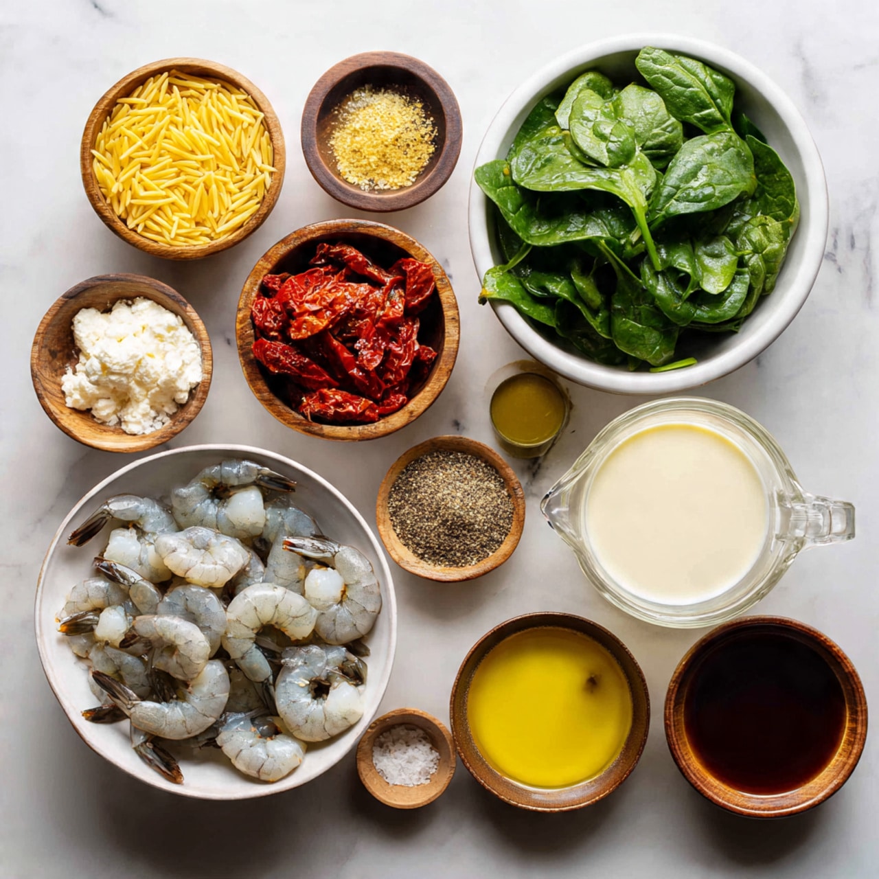 The image shows many ingredients placed neatly on a white marbled surface. There is a white bowl full of uncooked shrimp with grey and white tones at the bottom left. Above it, a white bowl holds bright green fresh spinach leaves. Next to the shrimp, a small wooden bowl contains yellow orzo pasta. Another small wooden bowl near the top left holds white grated cheese, and beside it is a bowl with pieces of red sun-dried tomatoes. Near the center, a glass measuring cup contains white cream, and another glass cup filled with light golden broth is on the top right. There are two small brown bowls with yellow butter and chopped garlic, and a small black bowl with various spices including black pepper and salt. One of the small brown bowls near the cream has dark amber liquid, probably oil. All items are arranged neatly with visible textures and colors, on a clean white marbled surface. photo taken with an iphone --ar 4:5 --v 7