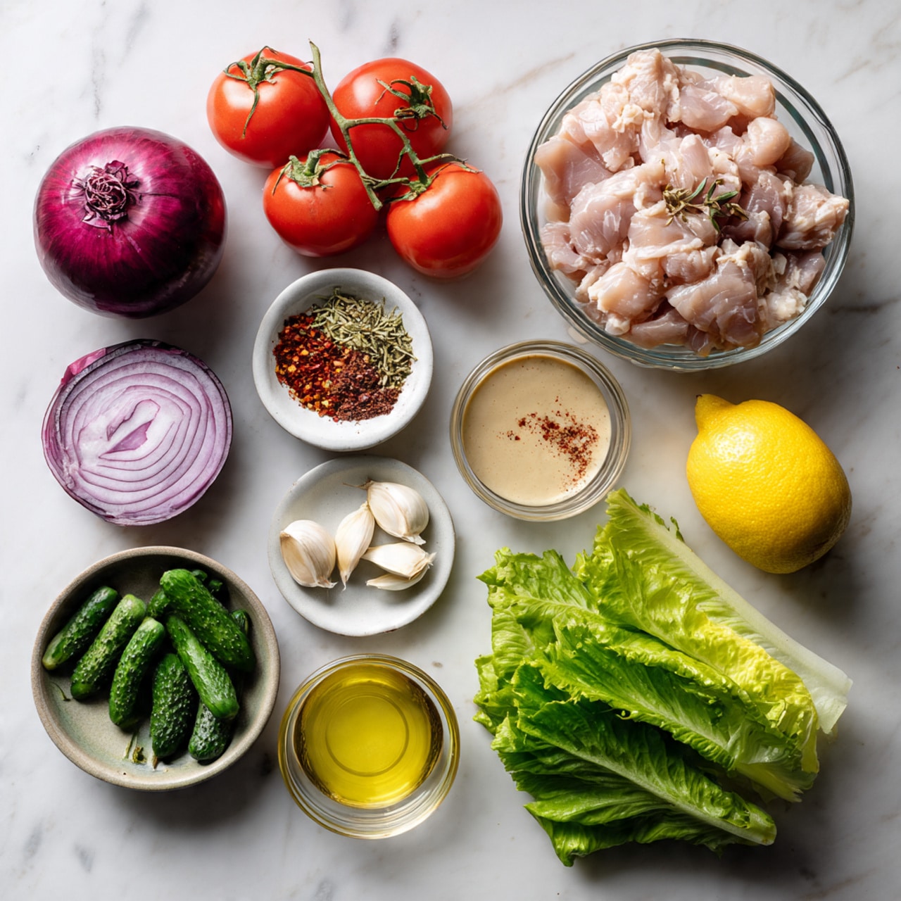 The image shows fresh ingredients laid out on a white marbled surface. Starting from the left, there is one whole purple onion, three ripe red tomatoes grouped together, a small white bowl with various colorful spices including paprika and chili flakes, and a glass bowl filled with raw light pink chicken pieces placed near the center. Below the chicken is another glass bowl with light beige liquid, beside it a small dish with four garlic cloves, and next to that a bowl of chopped green pickled pieces. Further right are two small cucumbers with a bright yellow lemon between them and a bunch of fresh green romaine lettuce leaves on the far right. All items sit neatly spaced in a clean, simple arrangement. Photo taken with an iphone --ar 4:5 --v 7