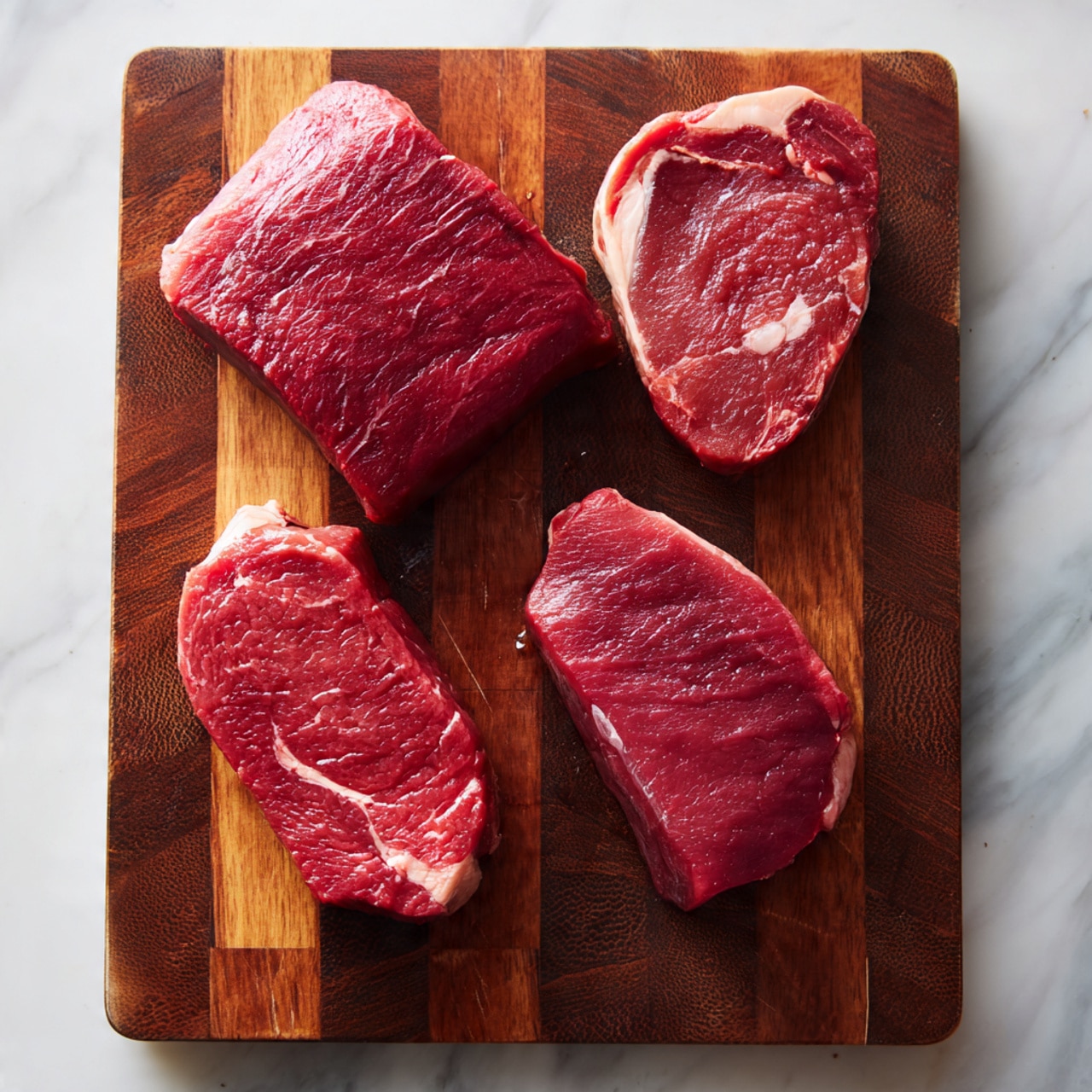 There are four pieces of raw red meat with light white fat veins, placed on a wooden cutting board with a rich, dark brown grid pattern. The meat pieces are spread out evenly with two on top and two below, each showing a slightly different shape and size but all having a glossy and fresh texture. The scene sits on a white marbled surface. photo taken with an iphone --ar 4:5 --v 7
