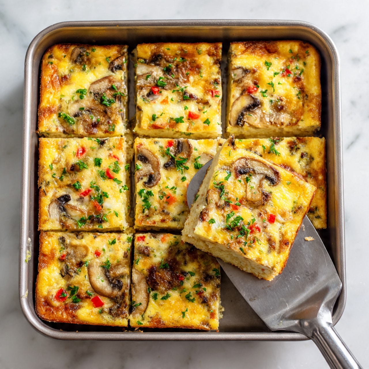 A white plate on a white marbled surface holds a square piece of toast topped with a thick, bright yellow scrambled egg layer mixed with small pieces of tomato and slices of cooked mushrooms, sprinkled with green herbs. Next to the toast is a fan of thinly sliced avocado with smooth, light green layers. In the background, there is a clear glass of orange juice and a white cloth with a black grid pattern. Photo taken with an iphone --ar 4:5 --v 7