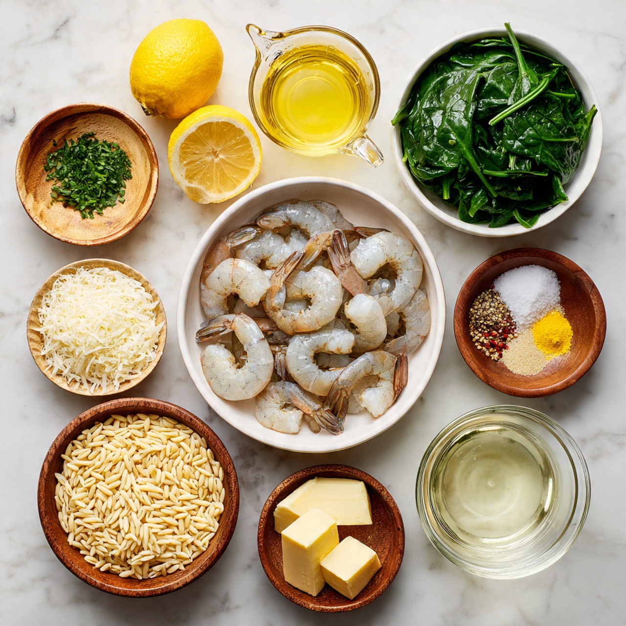 The image shows raw ingredients for a shrimp and spinach orzo dish placed on a white marbled surface. In the center is a white bowl filled with large, raw shrimp that are pale grey with some pinkish tails. To the right is a white bowl full of fresh, dark green spinach leaves. Above the shrimp is a glass measuring cup with a light yellow broth. Below the broth is a wooden bowl filled with small, uncooked orzo pasta, creamy light yellow in color. To the left of the shrimp are several small wooden bowls containing shredded white cheese, two blocks of light yellow butter, minced pale yellow garlic, light brown oil, a mix of salt and black pepper, and red pepper flakes. There are also two bright yellow lemons pictured on the upper left side and fresh green parsley on the bottom left. Another glass measuring cup with clear liquid is at the bottom right. Photo taken with an iphone --ar 4:5 --v 7