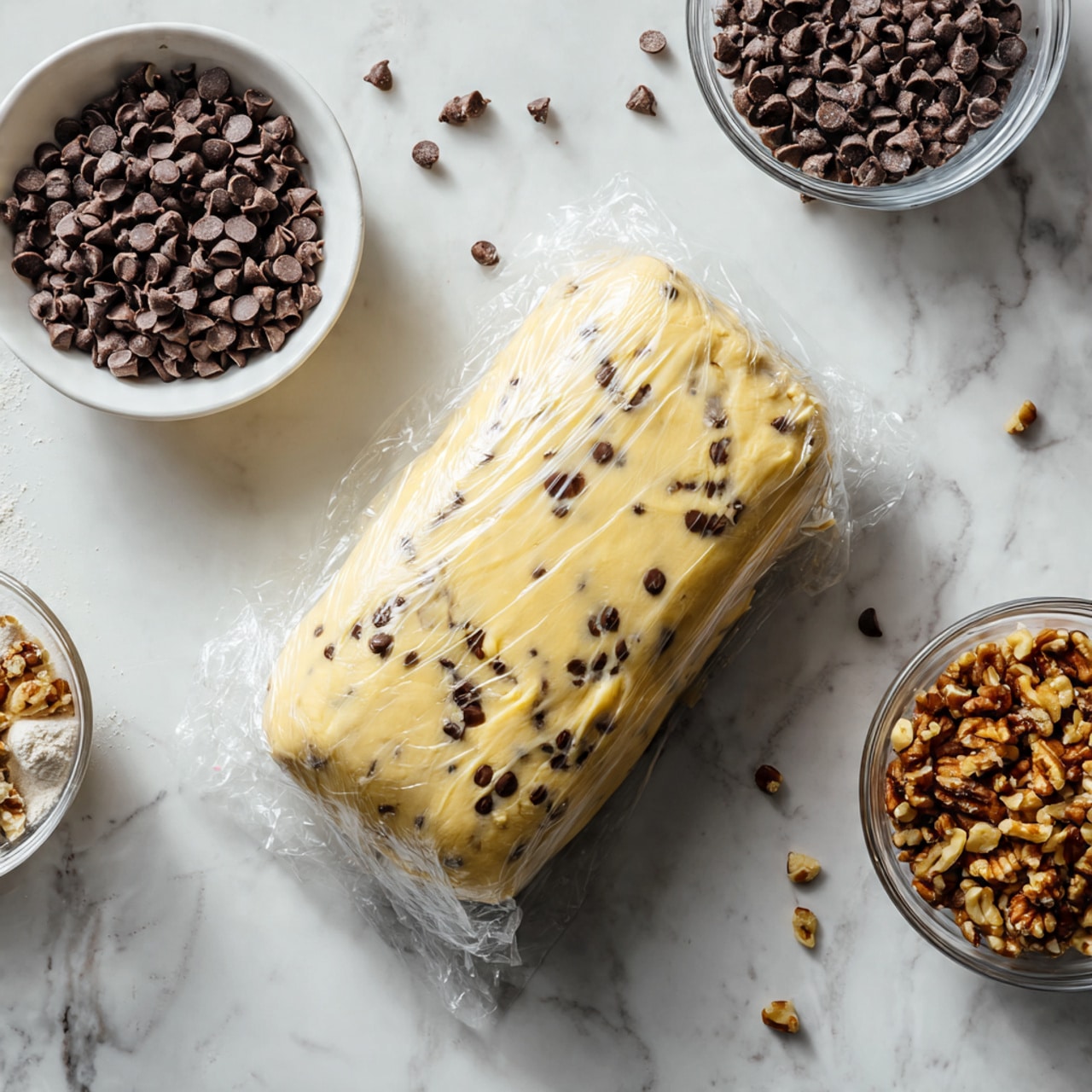 A wrapped block of light yellow dough mixed with small dark chocolate chips is placed on a white marbled surface. The dough is covered in clear plastic wrap, showing a smooth texture with scattered dark spots. Around it, there is a white bowl filled with dark chocolate chips at the top left and a clear bowl with chopped nuts at the bottom right. The whole scene is clean and bright. photo taken with an iphone --ar 4:5 --v 7