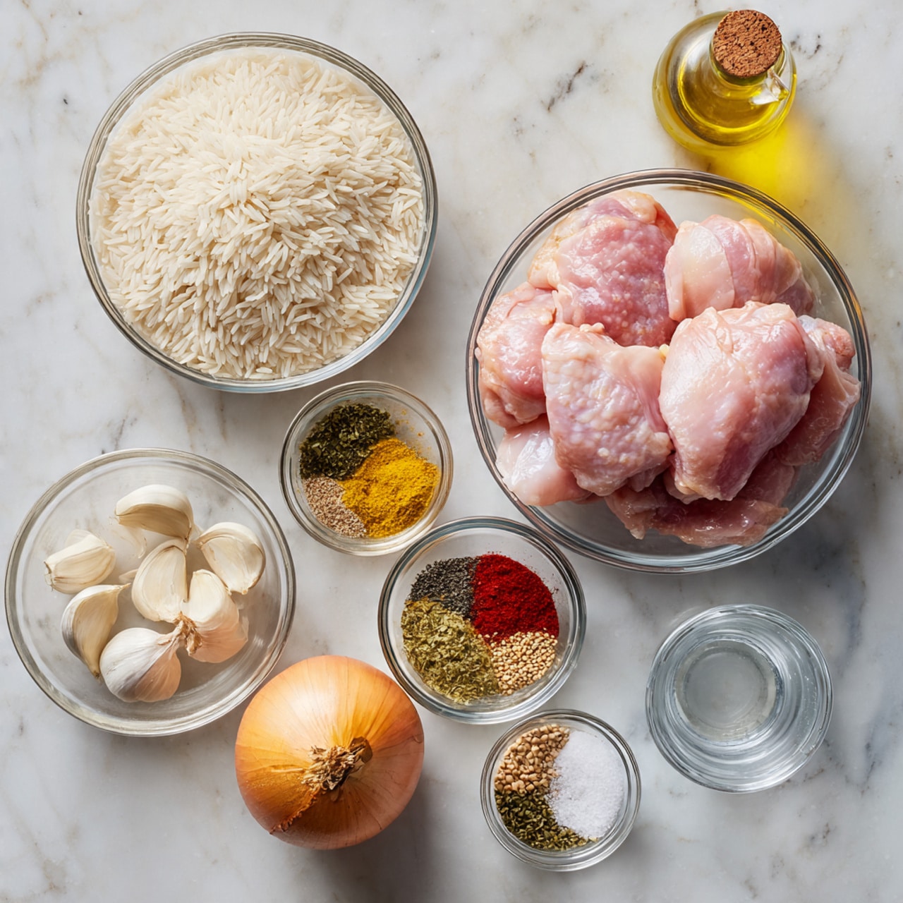 A top-down view of cooking ingredients arranged on a white marbled surface, featuring seven glass bowls and a glass container. The largest bowl on the right holds a stack of raw pink chicken thighs with smooth texture. To the left, a bowl is filled with long, uncooked white rice grains that have a slightly shiny surface. Above the rice bowl, another bowl contains whole white garlic cloves that are smooth and slightly glossy. Beside it, a whole yellow onion with a rough papery skin rests directly on the surface. Near the top center, a small glass bowl holds a colorful mix of spices arranged in sections: bright red paprika, dark green dried herbs, yellow turmeric, light beige seeds, and small leafy herb pieces. To the right of the spices, a tiny bowl includes white salt and black pepper. Below that, a clear glass liquid measuring cup is empty, and in the upper right corner, a glass bottle contains light yellow cooking oil with a cork top. The photo taken with an iphone --ar 4:5 --v 7