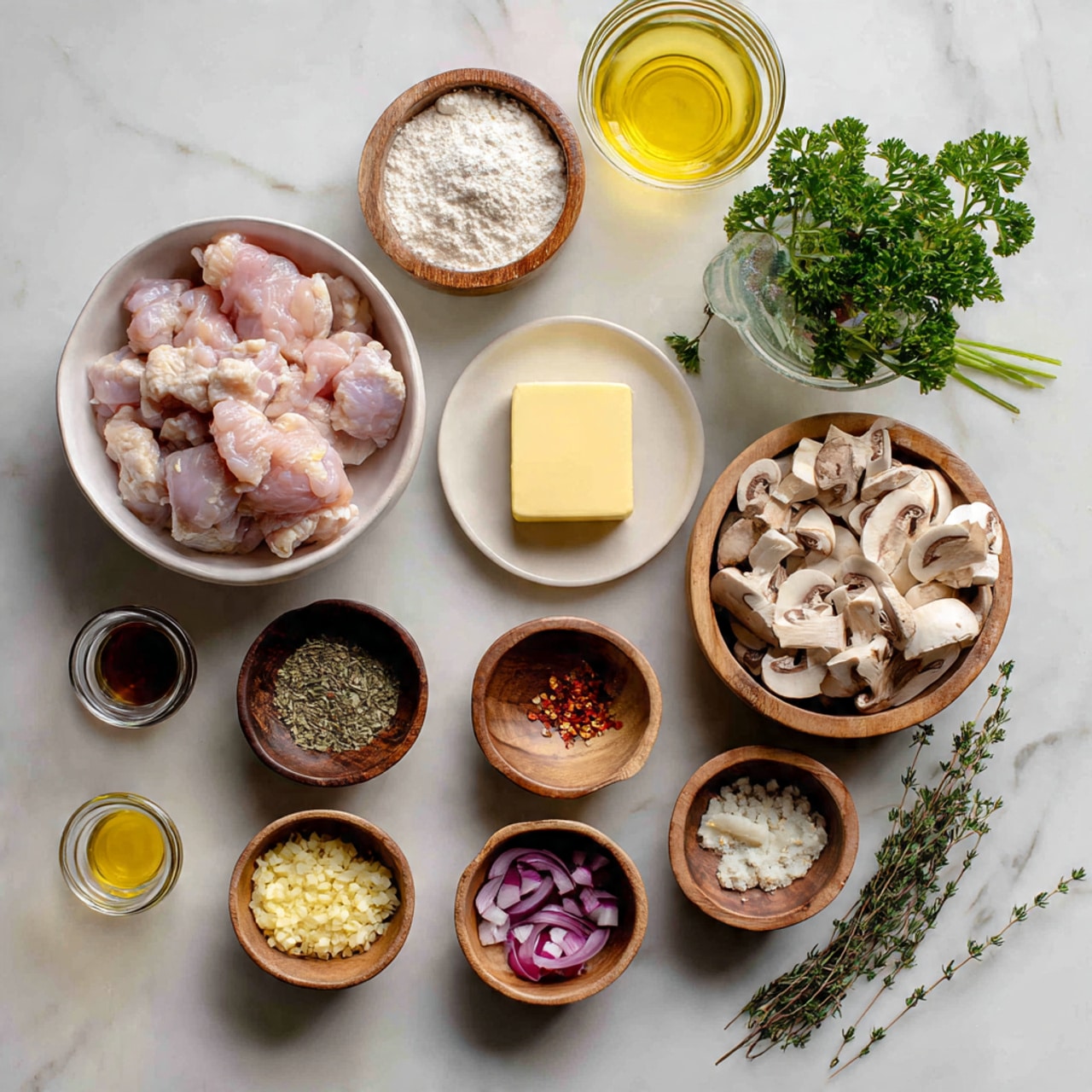 The image shows a top view of several ingredients neatly arranged on a white marbled surface. At the bottom left, there is a white bowl filled with raw light pink chicken pieces. To the right of it, a small round white plate holds a rectangular piece of yellow butter. Above the butter, a wooden bowl is filled with white flour. To the right of the flour, another wooden bowl contains light brown and white sliced mushrooms. Below the mushrooms, there are small wooden bowls with finely chopped light purple shallots, minced pale yellow garlic, and red chili flakes. A small wooden bowl with a dark brown liquid sits beside a bunch of fresh bright green parsley leaves at the top right. Two clear glass containers hold light yellow and clear liquids, located at the top left and middle right. A few sprigs of fresh thyme, dark green with tiny leaves, lie near the bottom right corner. photo taken with an iphone --ar 4:5 --v 7
