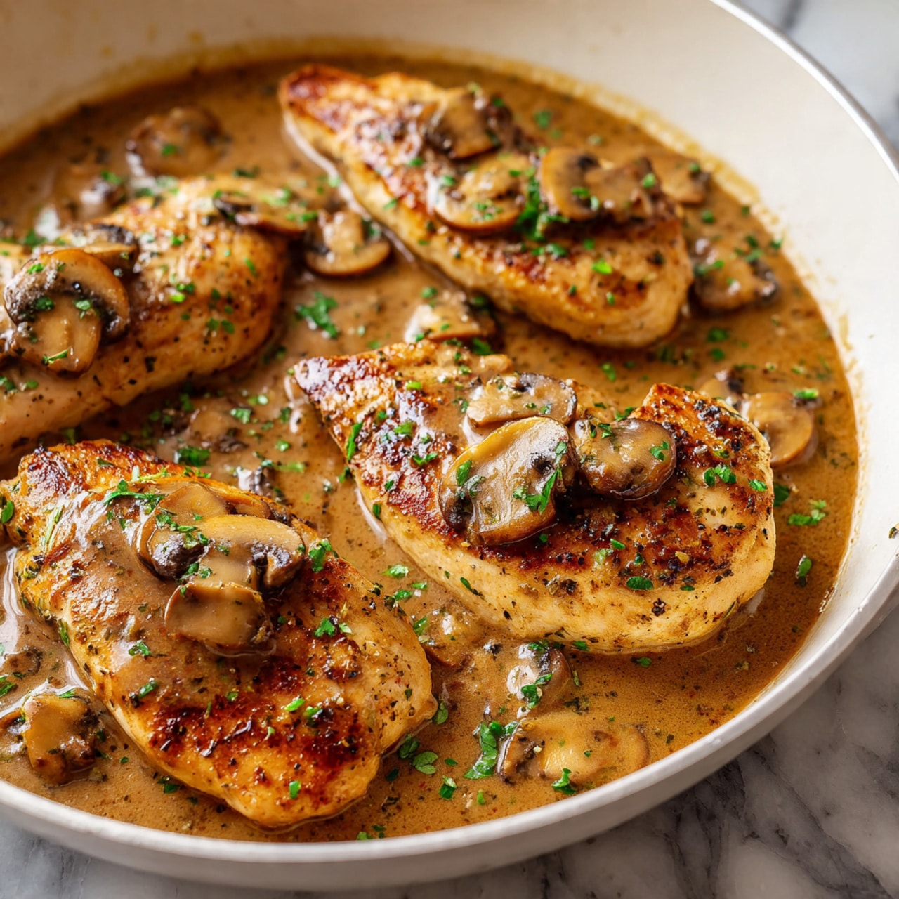 The image shows several pieces of cooked chicken in a thick brown mushroom sauce inside a white pan. Each piece of chicken has a smooth brown sauce with visible slices of mushrooms on top. The sauce has a creamy texture and is sprinkled with small green herb pieces. The chicken looks moist, and the sauce covers all the meat evenly. The background has a white marbled texture. Photo taken with an iphone --ar 4:5 --v 7