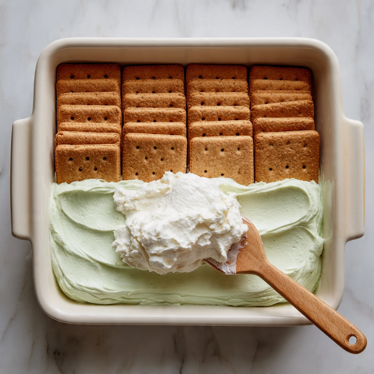 A white rectangular baking dish is shown from above with two layers visible. The bottom layer is a smooth, pale green creamy spread evenly across the dish. On top of this layer, there is a neat arrangement of rectangular brown crackers with small holes, covering the entire surface. A wooden spatula is spreading a thick white cream on the crackers, with the cream looking soft and fluffy. The background is a white marbled surface. photo taken with an iphone --ar 4:5 --v 7