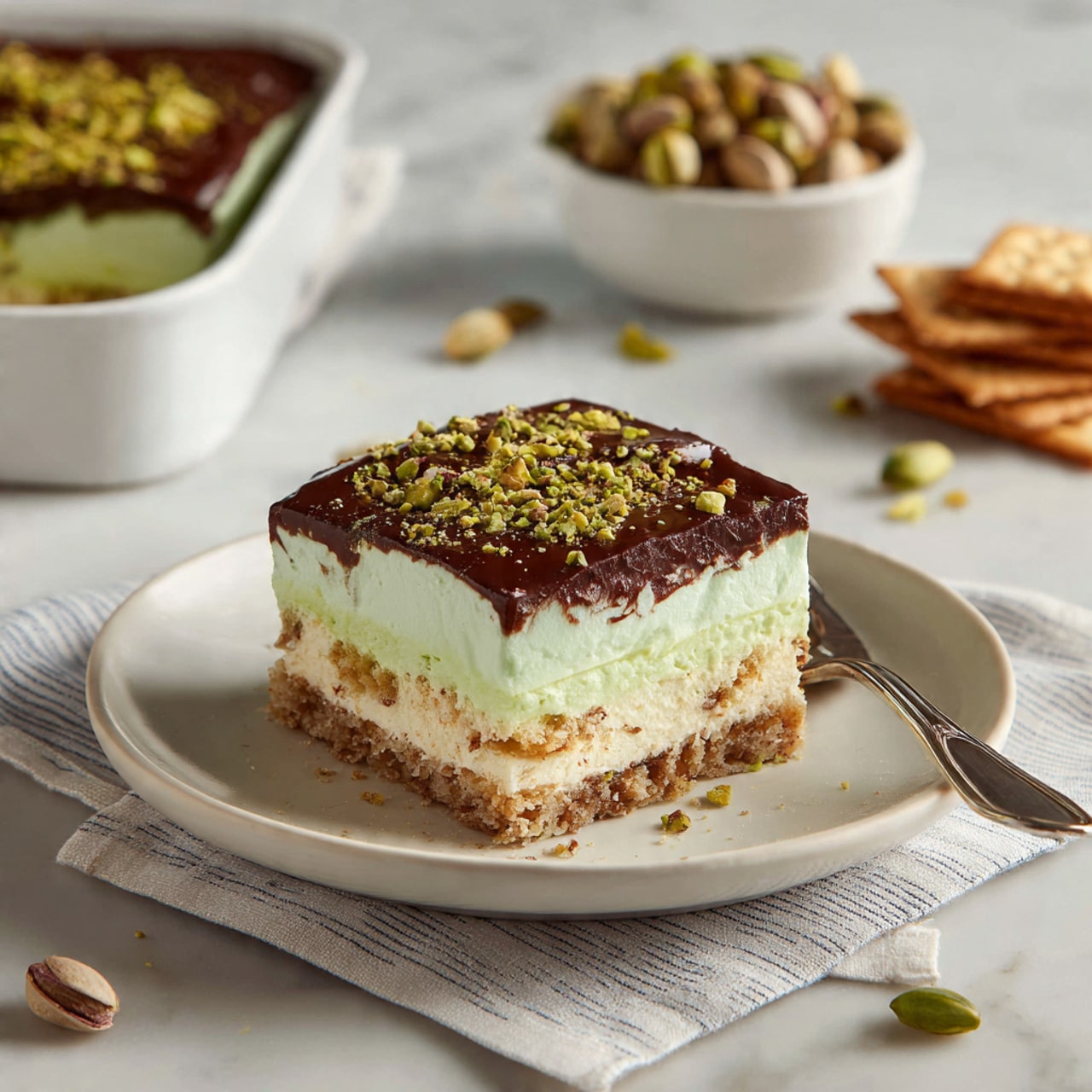 A layered dessert in a white rectangular dish shows a thick, smooth chocolate layer on top with visible cut marks forming squares. One corner is removed, revealing three even layers inside: two light brown cookie or biscuit layers sandwiching two creamy white layers. The dessert has a rich, firm texture on top and soft, creamy layers inside. The dish sits on a white marbled surface. photo taken with an iphone --ar 4:5 --v 7