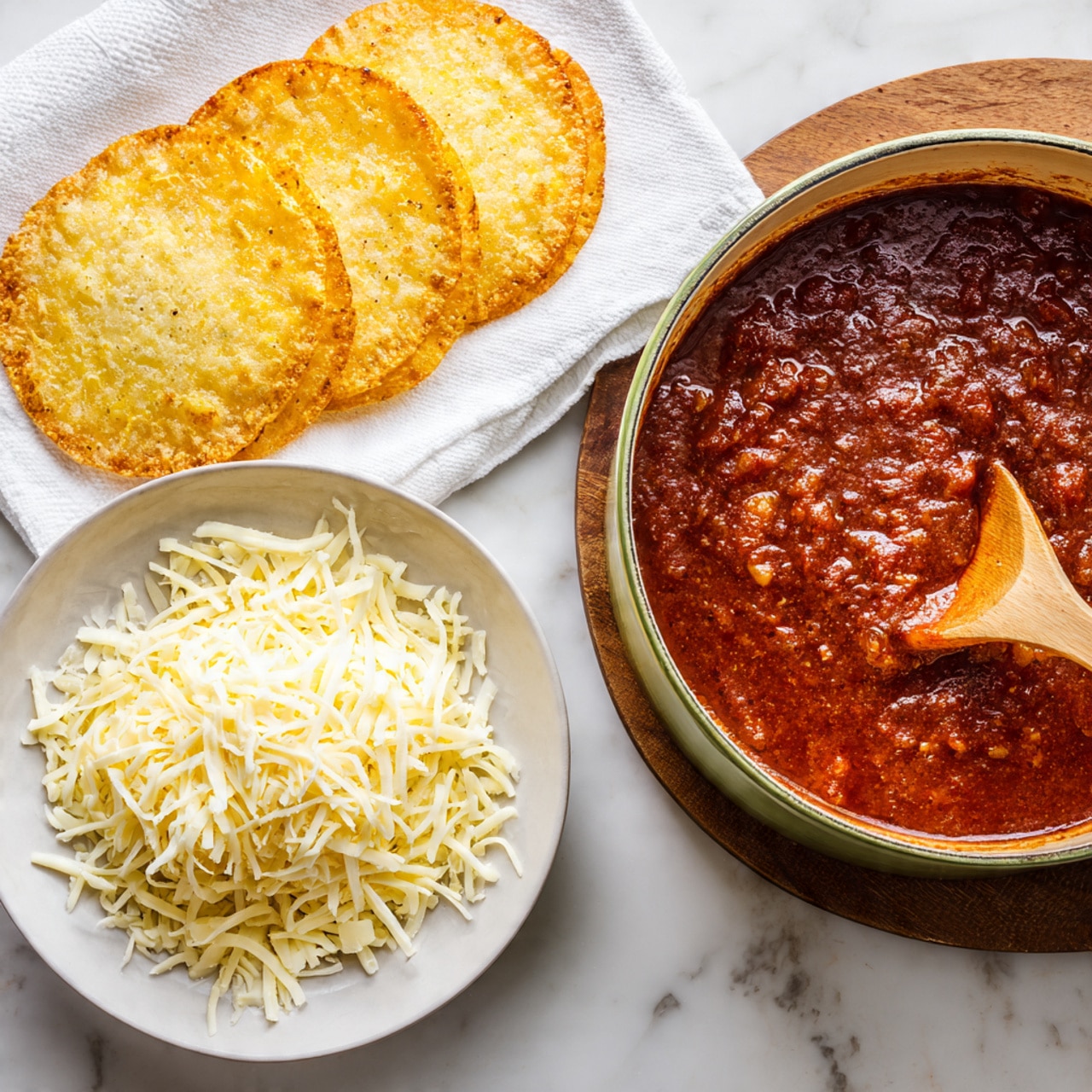 The image shows a white plate full of shredded yellow and white cheese on the left side, next to a white paper towel holding four round, golden crispy tortillas at the top. On the right side, there is a large green pot filled with thick, deep red sauce with chunks, and a wooden spoon resting inside it. The background is a white marbled texture with a wooden surface partially visible. Photo taken with an iphone --ar 4:5 --v 7
