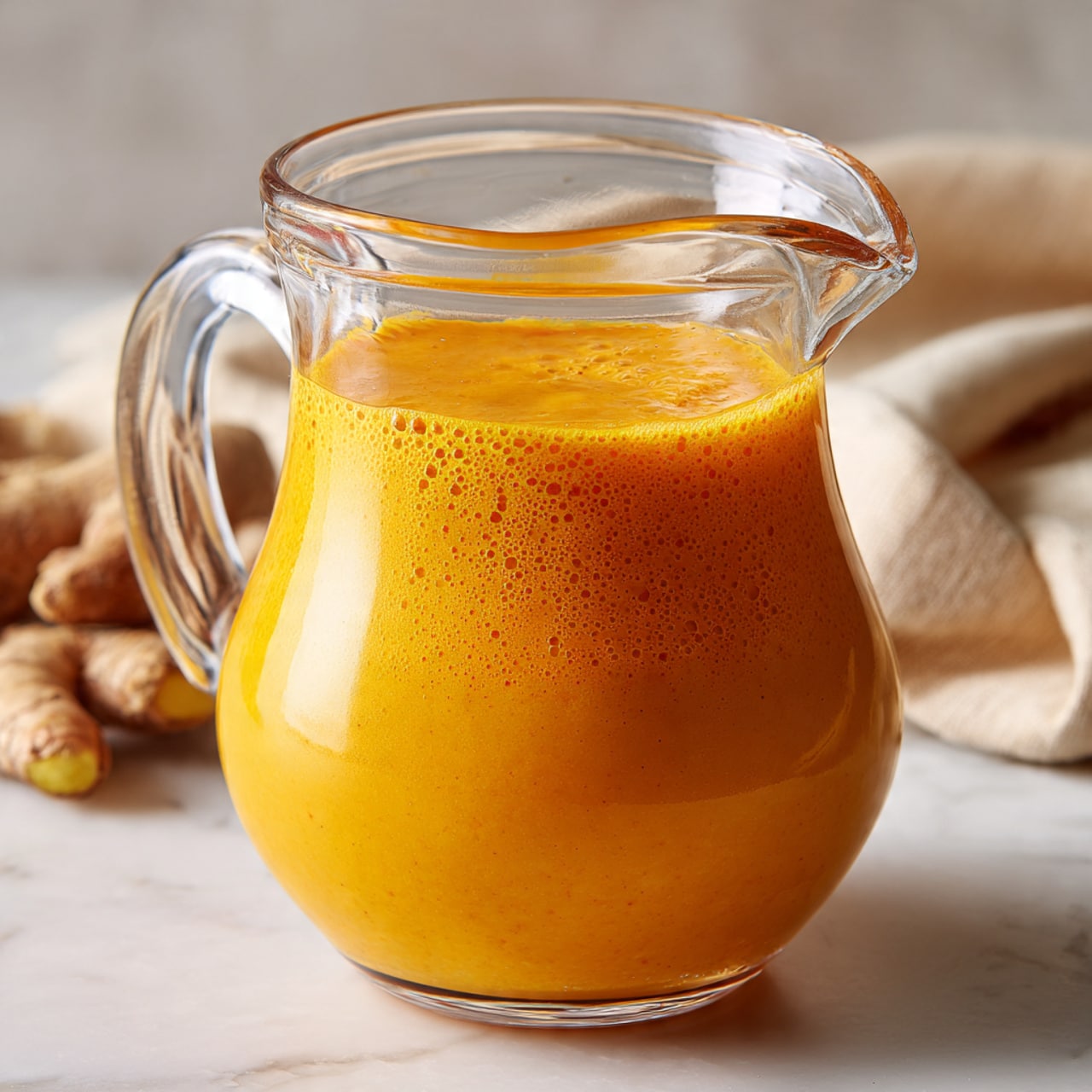 A clear glass pitcher filled with bright orange thick sauce, showing a smooth and creamy texture with small bubbles on the surface. The pitcher has a handle on the left side and a spout for pouring on the right. The background is a white marbled surface with some ginger root pieces on the left edge and a soft beige cloth blurred in the top right corner. The lighting is soft and natural, highlighting the rich color of the sauce photo taken with an iphone --ar 4:5 --v 7