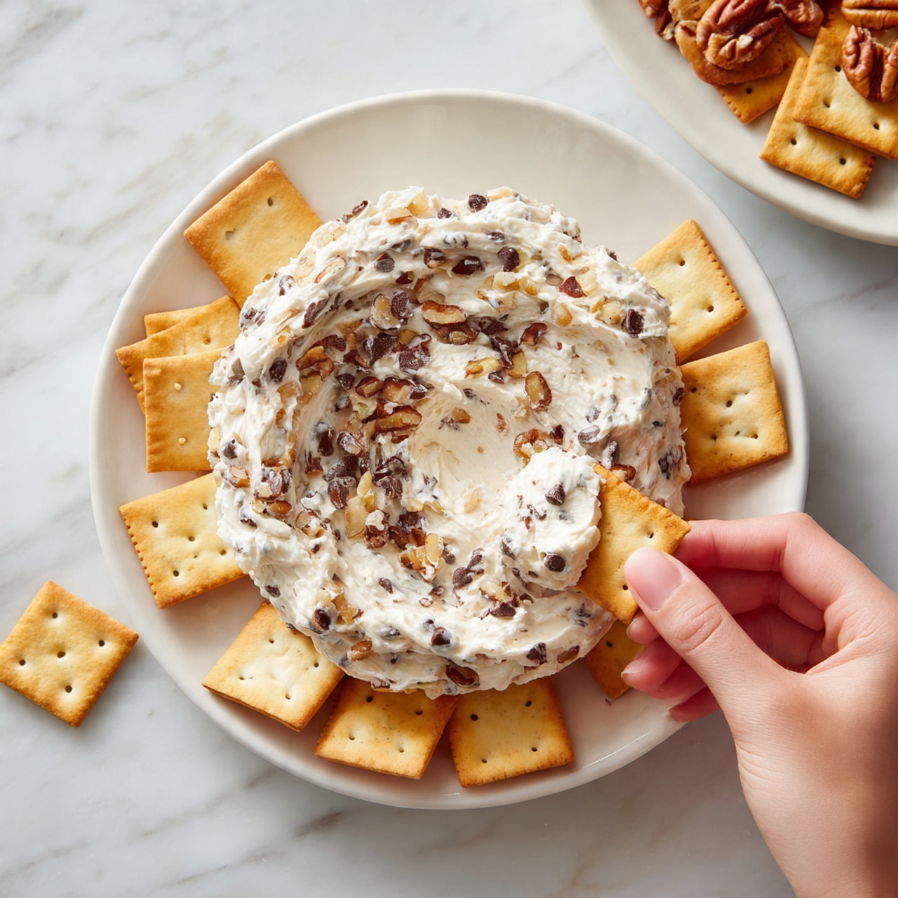 A white plate sits on a white marbled surface, holding a creamy dip filled with visible small dark chocolate chips and chopped nut pieces spread in a thick, slightly irregular layer in the center. Around the dip, pale tan rectangular crackers with small holes are arranged loosely. A woman's hand is dipping one cracker into the creamy mixture, which shows soft, slightly textured swirls of cheese or cream with embedded chocolate and nuts, creating a layered look of off-white, dark brown, and golden tan. In the background, out-of-focus plates with more crackers are visible. Photo taken with an iphone --ar 4:5 --v 7