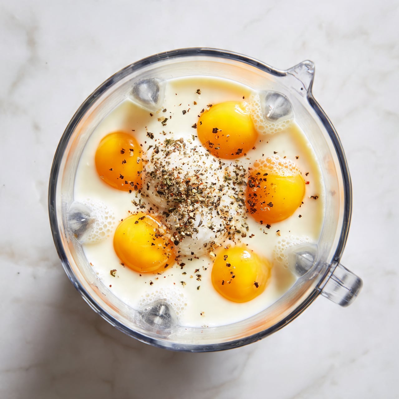 The image shows a top view inside a clear blender pitcher sitting on a white marbled surface. Inside the blender, there are five raw egg yolks spread out with some egg white around them. A pile of black pepper is in the center, resting on top of the eggs. White liquid, likely milk, surrounds the yolks and pepper, filling the bottom of the blender evenly. The blender’s clear walls and blades are visible at the edges, framing the ingredients in a simple and clean way. photo taken with an iphone --ar 4:5 --v 7