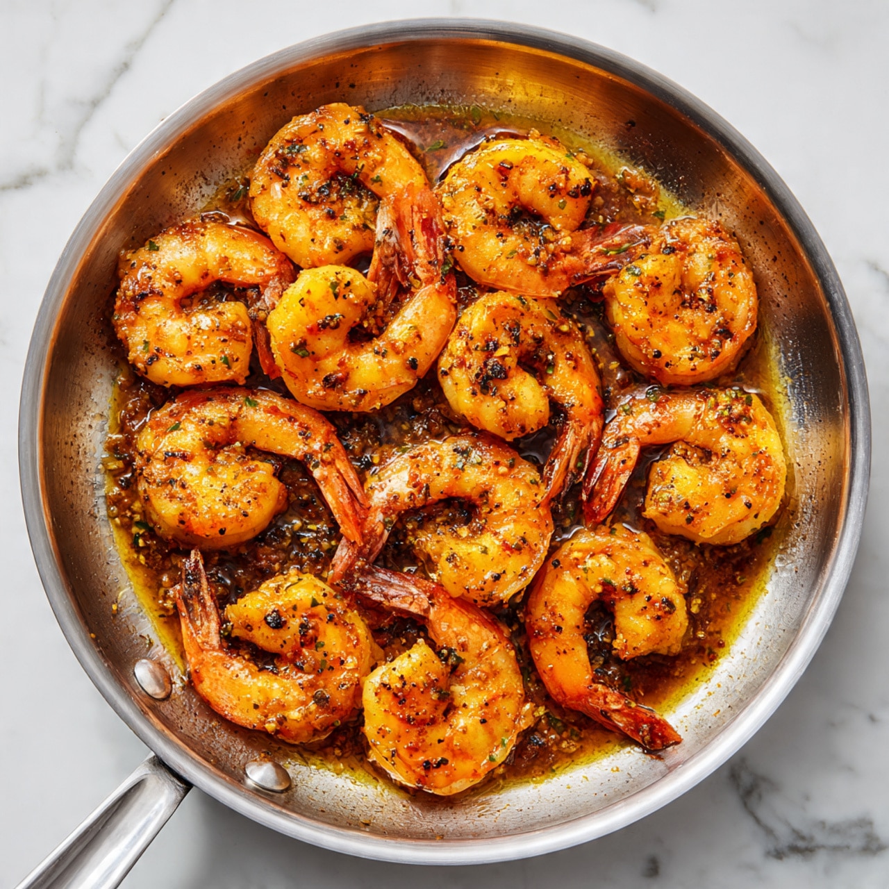 A shiny silver pan filled with about twenty cooked shrimp arranged in a loose circular pattern, each shrimp showing a rich orange color with dark spice specks. The shrimp have their tails on and they rest on a thin layer of brownish cooking oil and spices coating the bottom of the pan. The pan is set on a white marbled surface, with no other items visible around. Photo taken with an iphone --ar 4:5 --v 7