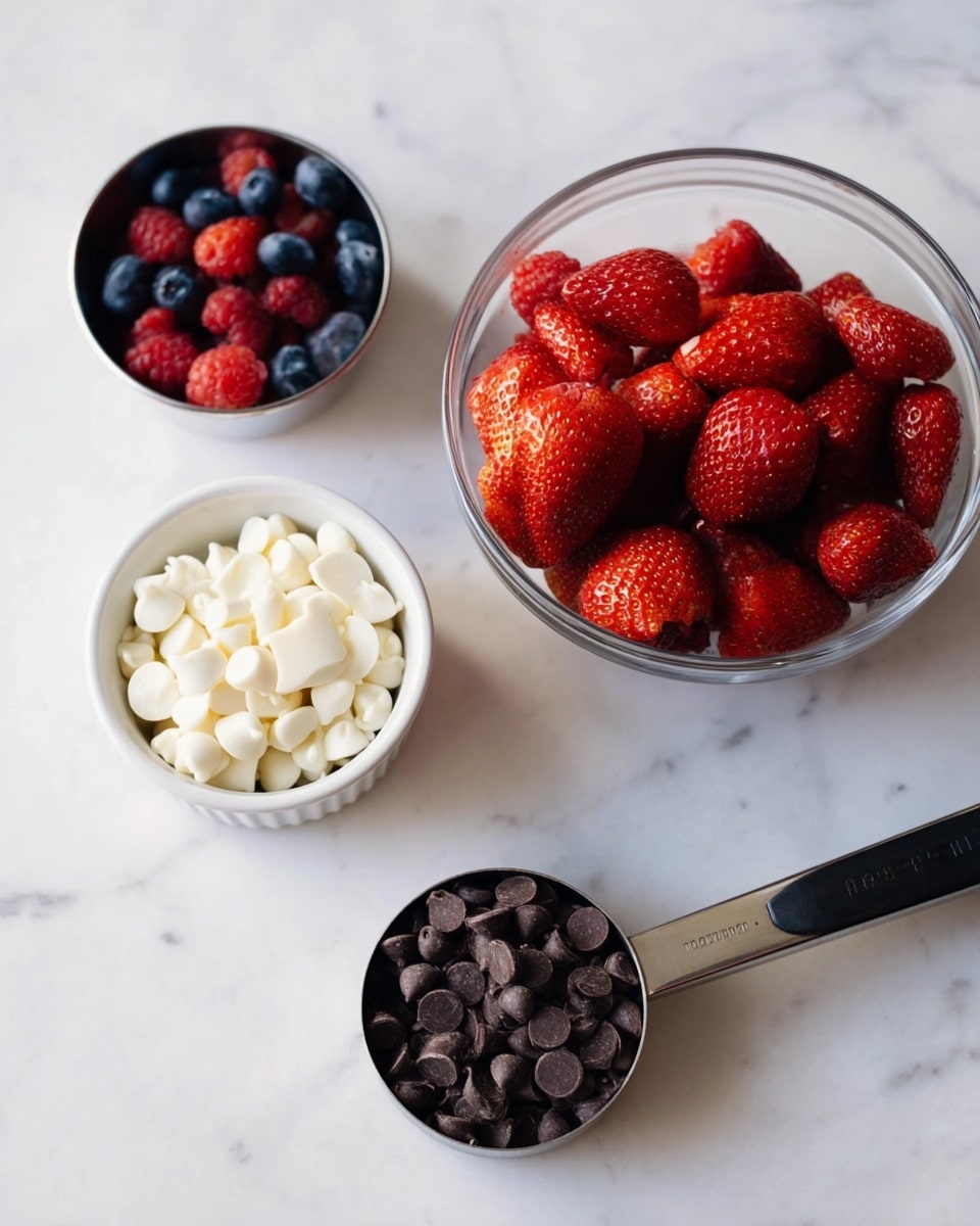 The image shows four separate containers on a white marbled surface. In the back right, there is a clear glass bowl filled with fresh red strawberries, bright red raspberries, and dark blue blueberries. In the front left, there is a white ceramic ramekin filled with small white chocolate chips. Next to it, a metal measuring cup holds a large amount of dark chocolate chips, nearly full and shiny. On the right side, there is a black measuring spoon filled with solid white coconut oil. The items are spaced evenly with soft natural light highlighting the colors and textures, photo taken with an iphone --ar 4:5 --v 7