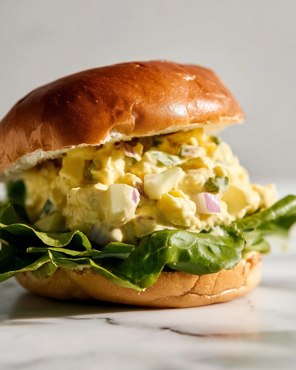 The image shows a sandwich with three main layers on a white marbled surface. The bottom layer consists of a soft white bun holding a fresh green leaf of lettuce. On top of the lettuce, there is a thick layer of creamy egg salad, which includes small pieces of egg white, yellow yolk, bits of pickle, and small red onion pieces all mixed together. The salad is creamy and slightly spilling out from the sandwich. The top layer is a golden brown, shiny bun that covers the filling partially, with some egg salad stuck on its edge. The sandwich looks fresh and rich in texture. Photo taken with an iphone --ar 4:5 --v 7