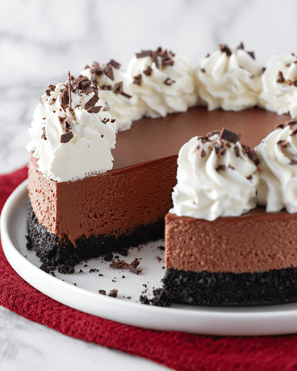 The image shows a chocolate mousse pie with two layers on a white plate. The bottom layer is a dark, crumbly crust made from crushed cookies, about one-third of the pie's height. The top layer is a thick, smooth chocolate mousse, taking up the remaining two-thirds of the pie. Around the top edge of the mousse layer are evenly spaced swirls of white whipped cream, each decorated with small chocolate shavings. The plate sits on a white marbled surface with a red cloth underneath it. Photo taken with an iphone --ar 4:5 --v 7