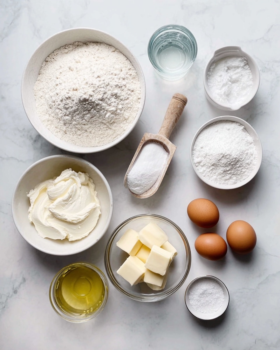 The image shows a top view of several small bowls and a cup filled with baking ingredients arranged on a white marbled surface. There is a large white bowl filled with white flour at the center-left, with a smaller white bowl of powdered sugar just below it. To the left, a white bowl holds cream cheese or some soft white paste. At the top center, a wooden-handled scoop contains white granulated sugar. At the bottom right, a clear glass bowl holds light yellow oil, and next to it is a small white bowl with pieces of pale yellow butter. Near the top right are three brown eggs placed in a small bowl. Two smaller glass bowls hold white powders, and a tiny white dish with some salt or fine granules is near the center right. A clear glass cup with water is at the top left of the image. photo taken with an iphone --ar 4:5 --v 7