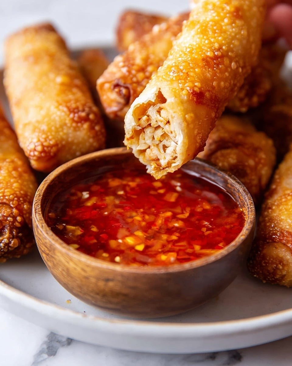 The image shows a white plate with crispy golden-brown egg rolls. One egg roll is held by a woman's hand, half-dipped into a small wooden bowl filled with bright red chili sauce that has visible chili seeds and a shiny, thick texture. The egg roll has a bubbly, crunchy outer layer and a filling of light-colored, finely chopped tofu or chicken. In the background, more egg rolls rest on the white plate, sitting on a white marbled surface. The focus is close, showing the details of the crispy texture and sauce. Photo taken with an iphone --ar 4:5 --v 7