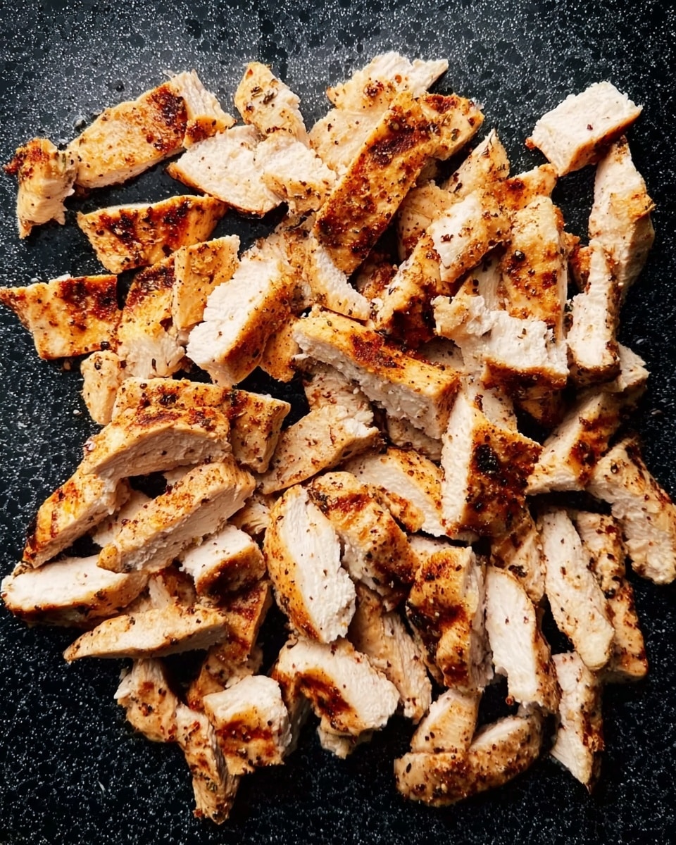 Sliced grilled chicken is spread out on a black speckled cutting board. The chicken pieces vary in size and shape, showing light golden brown grill marks and a mix of dry seasoning specks. The texture is a combination of tender and slightly crispy edges, with a white interior. The background is a white marbled texture. photo taken with an iphone --ar 4:5 --v 7