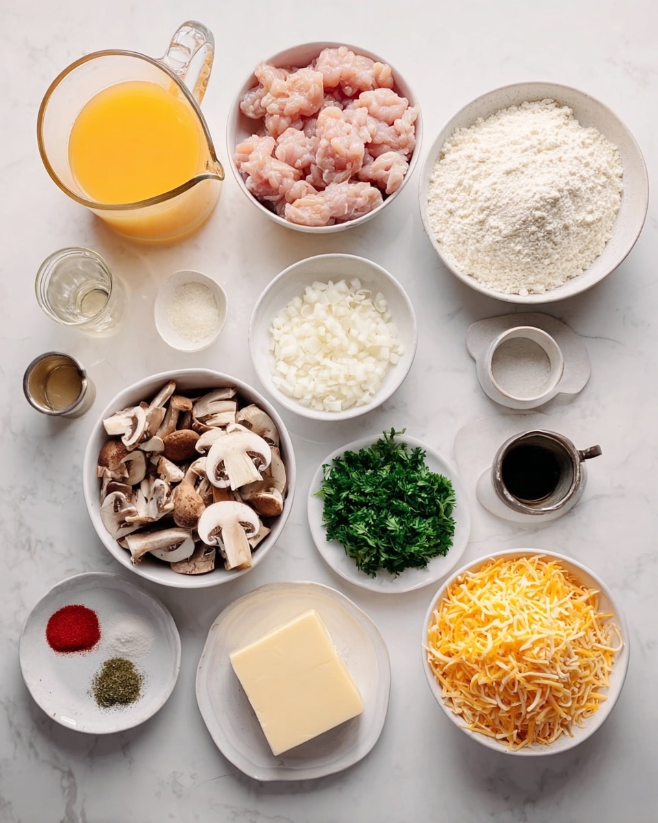 A flat lay showing 11 small white bowls and two glass pitchers arranged on a white marbled surface. The top row has a bowl with pink raw chicken pieces on the right, and next to it, a bowl filled with white rice, beside fresh green parsley on the far right. Below this is a small bowl with minced garlic, a bowl with white flour, and a small bowl holding a mix of powdered spices in red, beige, and green colors. There is a glass pitcher of orange liquid on the left and a glass pitcher with a white liquid behind it. The middle section includes a bowl of sliced brown mushrooms, a bowl with orange shredded cheese, a small plate with a cube of butter, a bowl filled with chopped white onions, and a small metal container with a dark liquid nearby. The ingredients are spread out evenly and clearly visible. Photo taken with an iphone --ar 4:5 --v 7
