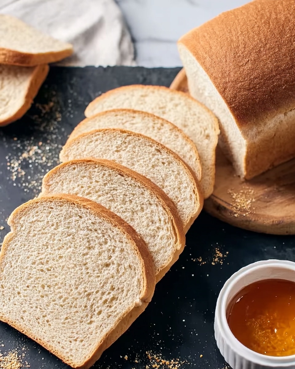 The image shows several slices of light brown bread with a soft and fluffy texture arranged diagonally on a dark surface. Behind the slices, there is a whole loaf of bread with a golden brown crust placed on a wooden board. To the right, a small white bowl filled with golden honey sits beside the bread. The surface has scattered crumbs around the bread slices. The background is a white marbled texture photo taken with an iphone --ar 4:5 --v 7