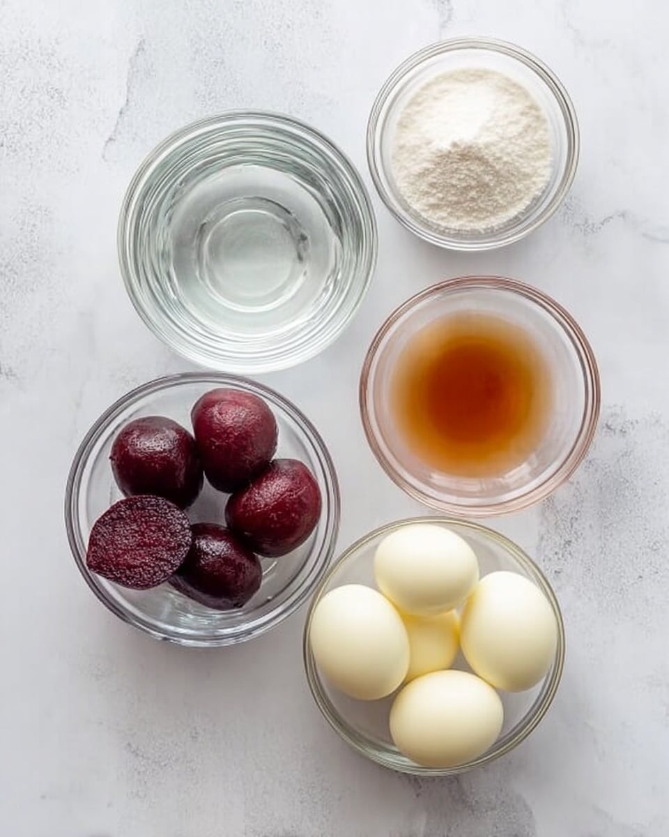 Five small clear glass bowls are arranged on a white marbled surface. The top left bowl holds clear water, the top middle bowl has white granulated powder, the top right bowl contains light brown liquid, the bottom left bowl shows four peeled dark red beets, and the bottom middle bowl holds five peeled hard-boiled eggs. Photo taken with an iphone --ar 4:5 --v 7