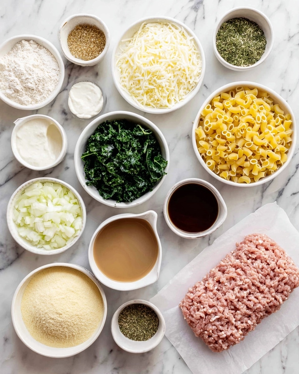 The image shows many small white bowls set on a white marbled surface, each filled with different ingredients arranged neatly. On the far right, there is raw ground meat resting on parchment paper, light pink in color with a soft texture. Nearby, a bowl of small yellow pasta pieces shows a smooth texture. Around the meat and pasta are bowls with various ingredients: dark green chopped kale with a leafy texture, finely chopped white onions, finely grated white cheese, a lighter yellow cheese, off-white flour, a small cup of dark brown sauce, light-colored cream, a small bowl of pale yellow breadcrumbs, and two small bowls of different dried herbs in shades of green and brown. A measuring cup filled with light brown broth is also present. All items contrast against the white marbled background, arranged carefully to display their colors and textures well. Photo taken with an iphone --ar 4:5 --v 7