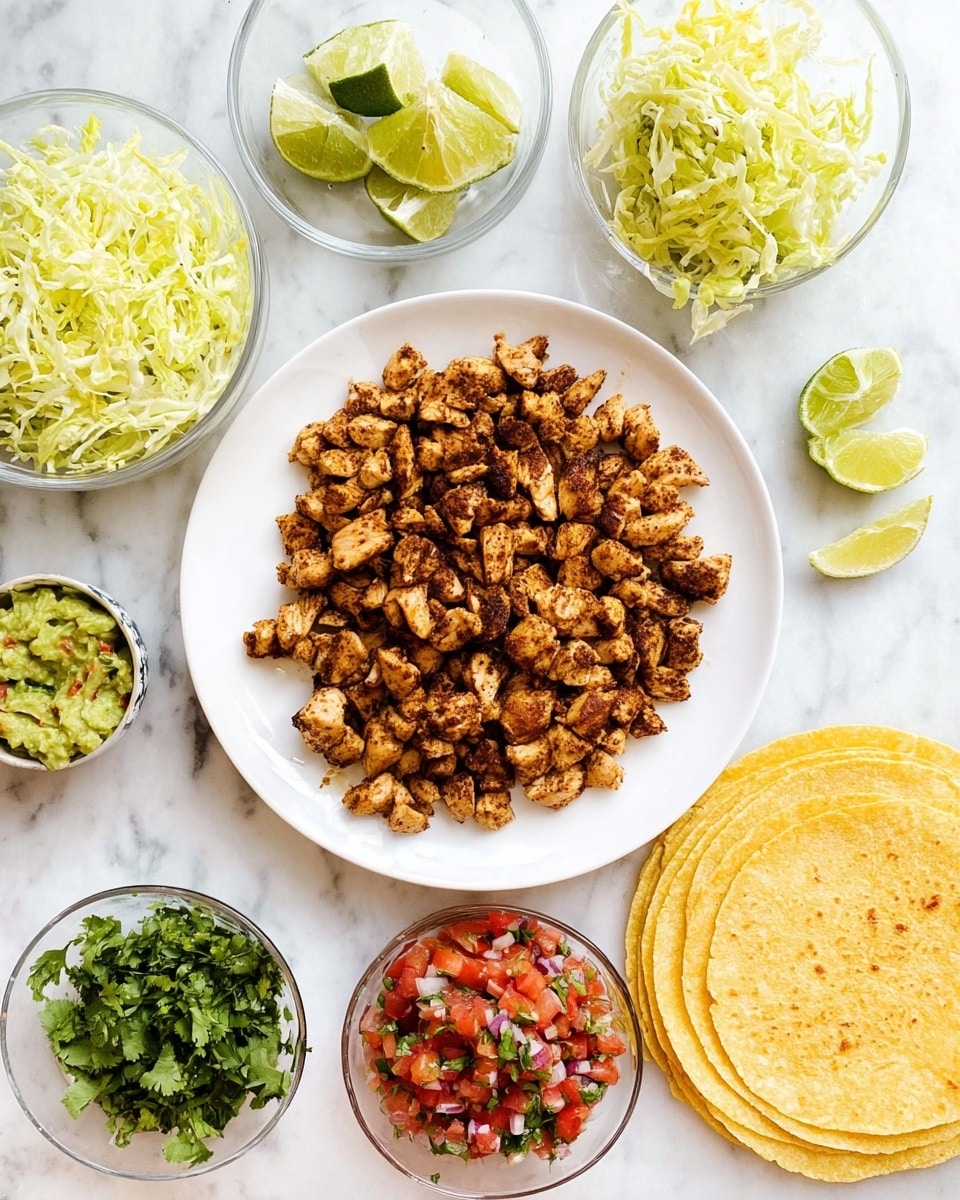 The image shows a white plate in the center with a large pile of small, cooked brown chicken pieces seasoned with spices. Around the plate are glass bowls with different ingredients: shredded light green lettuce, fresh lime wedges, chunky green guacamole with some chunks, chopped green cilantro leaves, and red tomato salsa mixed with green herbs and small white onion pieces. To the right is a white plate stacked with several soft yellow corn tortillas that have a light textured surface. All of this sits on a white marbled surface. photo taken with an iphone --ar 4:5 --v 7
