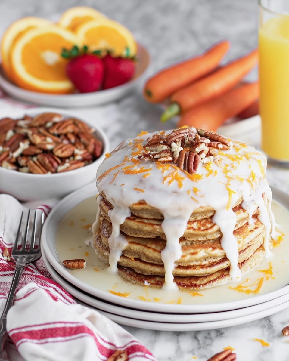 A stack of seven golden brown pancakes sits on a white plate, covered in a thick white glaze that drips down the sides. Small pieces of pecans and fine orange carrot shreds are scattered on top of the glaze and some have fallen onto the plate. In the background, there is a white bowl filled with pecans, a white plate with sliced bright orange oranges and fresh red strawberries, two whole carrots, and a glass of orange juice. A white and red striped cloth is partially underneath the white plate holding the pancakes. The scene is set on a white marbled surface. photo taken with an iphone --ar 4:5 --v 7