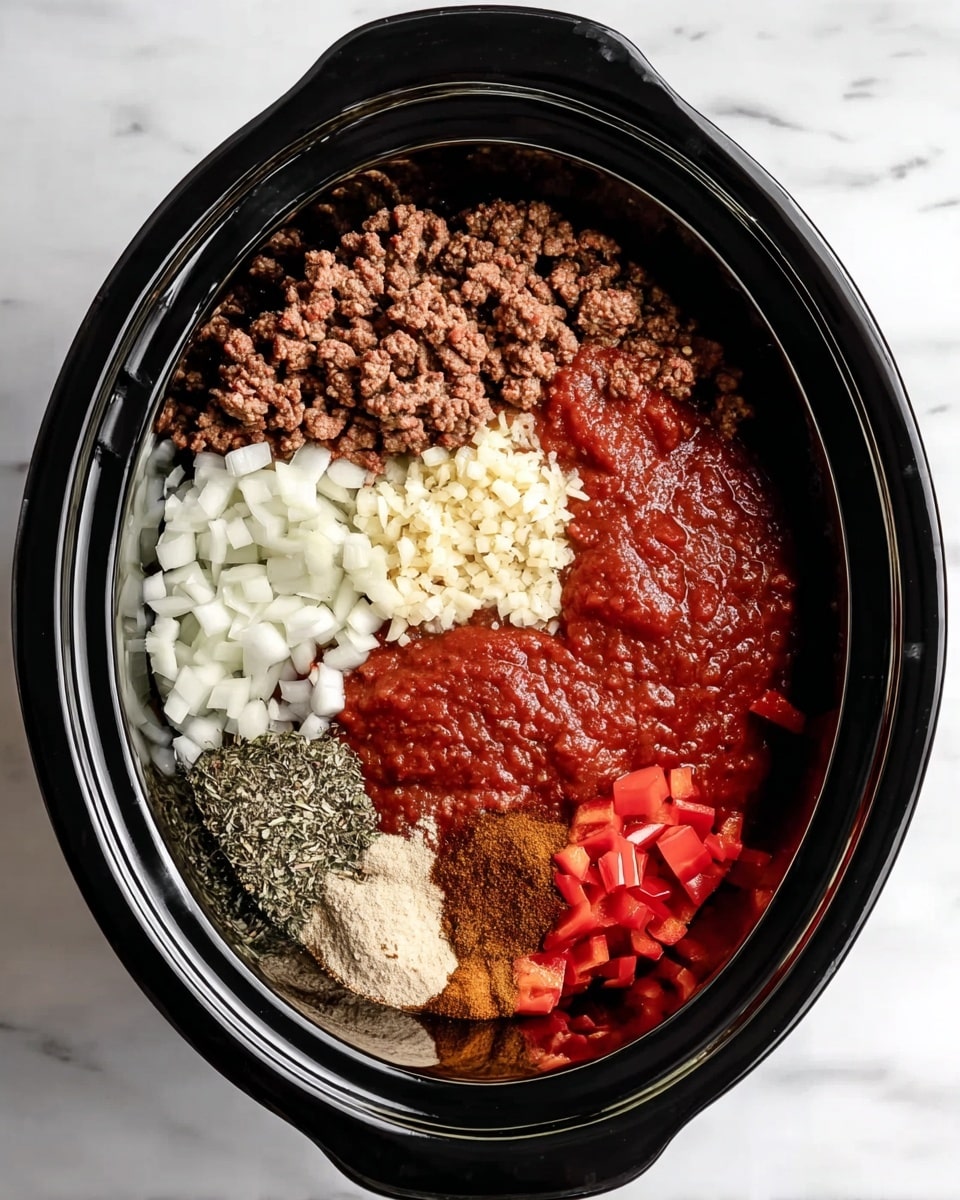 Inside a black slow cooker, there are seven distinct layers visible from top view. The top layer is cooked ground beef with a brown, crumbly texture. Below and to the left of the beef are chopped white onions in small square pieces. To the right of the onions and partially under the beef are finely minced garlic with a pale yellow color. Next to the garlic, moving right, are mixed dried herbs with green and brown specks. To the right of the herbs and garlic, there are small pieces of diced red bell peppers. Below the diced peppers, there is a thick dark red paste of tomato sauce. Below the onions and overlapping the tomato paste, two light brown spices form small piles. All ingredients sit inside the black cooker with its shiny edges visible, placed on a white marbled surface. Photo taken with an iphone --ar 4:5 --v 7