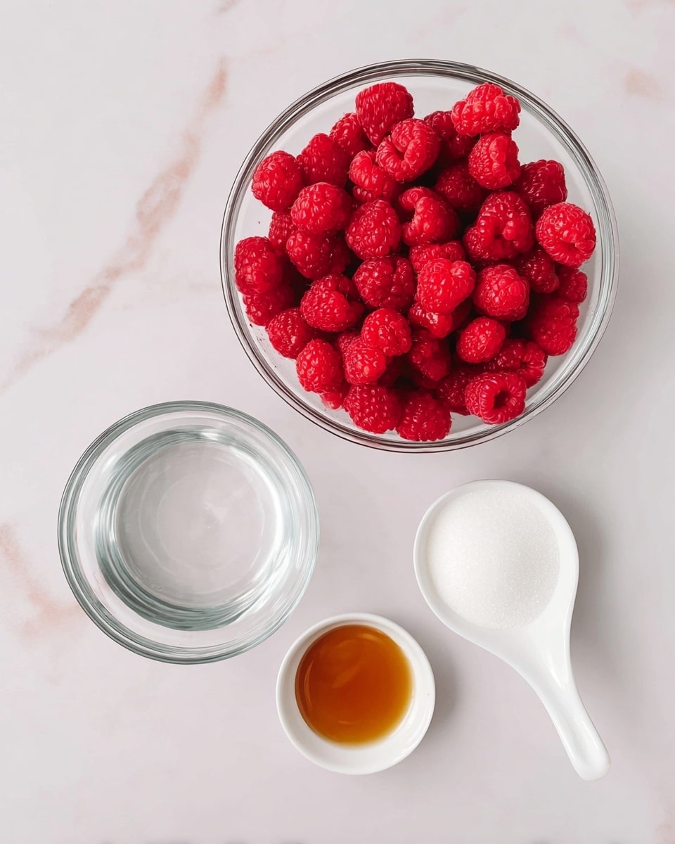 On a white marbled surface, there are four clear glass bowls spaced apart: the largest bowl at the top left is filled with bright red raspberries that have a bumpy texture; to the right of this, a medium bowl holds fine, white granulated sugar; below the raspberry bowl and a little to the left, there is a smaller clear bowl containing a transparent liquid, likely water; and at the bottom right, a small white ceramic spoon-shaped dish contains amber-colored vanilla extract. The overall scene is well-lit and clean, showing each ingredient clearly. photo taken with an iphone --ar 4:5 --v 7