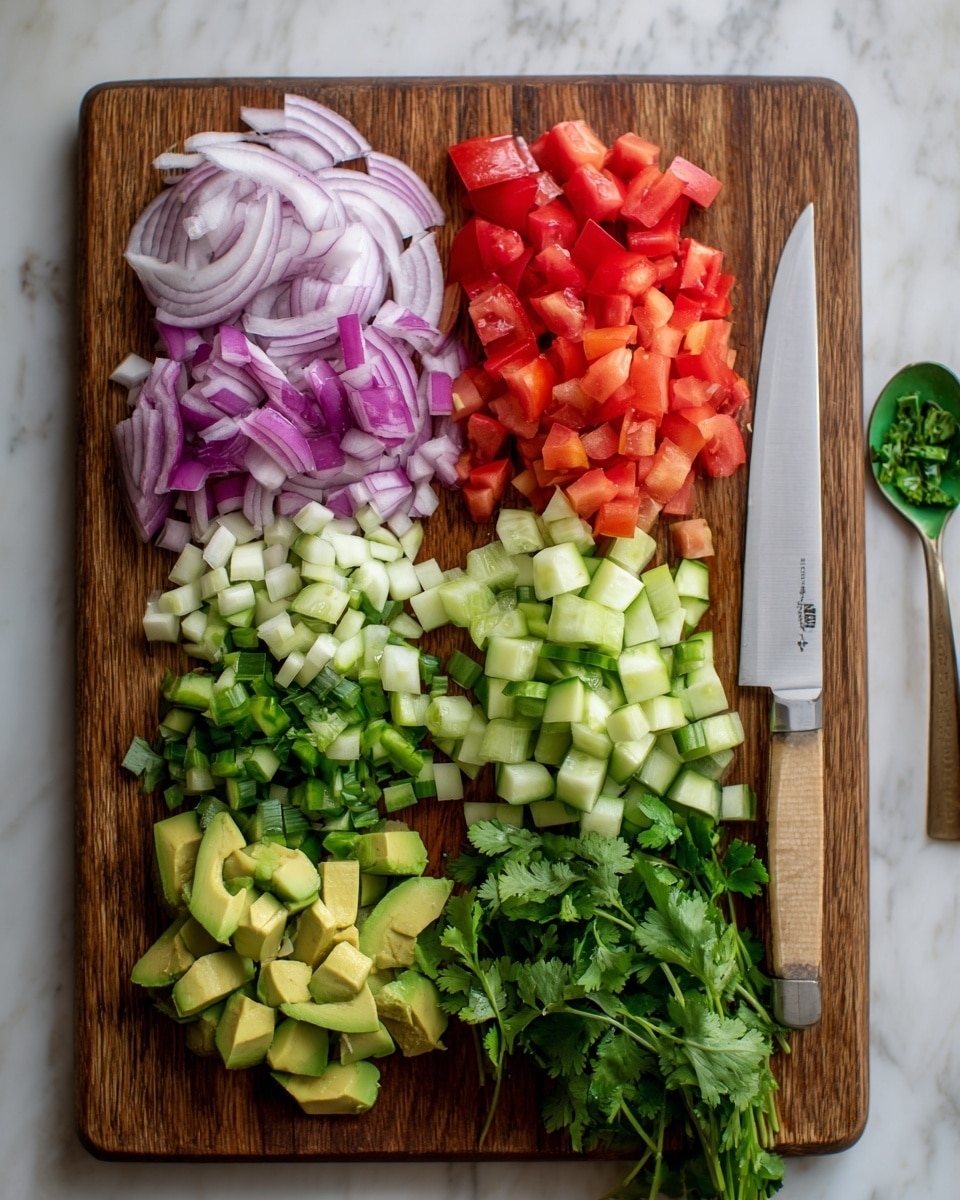 The image shows a wooden board with five piles of colorful chopped vegetables and herbs arranged in a neat row. From left to right, there are thin white and purple onion slices with a soft texture, small bright red tomato chunks with a slightly juicy look, light green cucumber pieces cut into small chunks with dark green skin edges, light green cubed avocado pieces with darker green rind next to a halved green avocado, and a bunch of fresh green cilantro leaves on the side. A white knife with a sharp blade lies on the right side of the board, and a green spoon with avocado remains is partially visible. The background is a white marbled texture. photo taken with an iphone --ar 4:5 --v 7