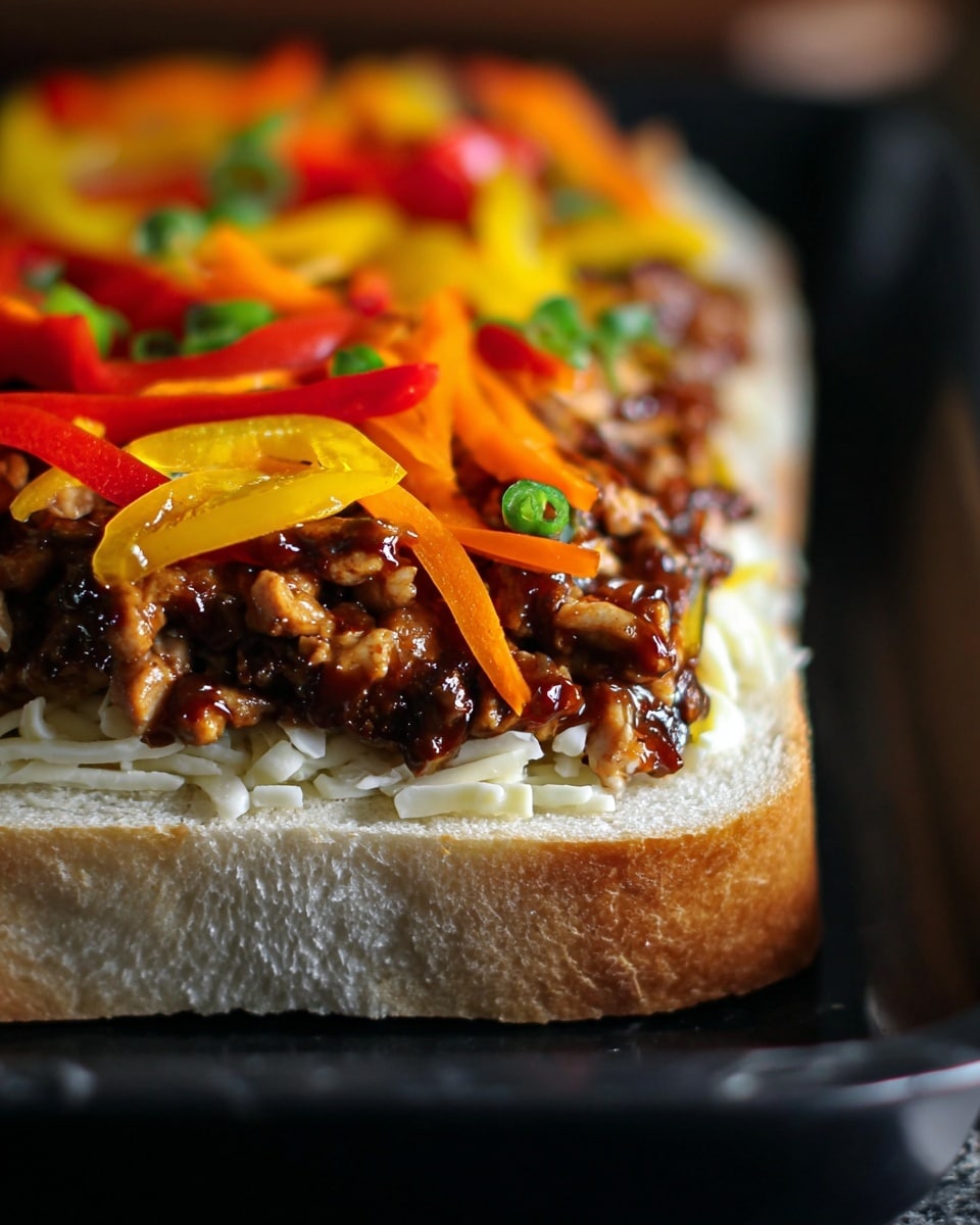 The image shows a close-up of a sandwich with three clear layers on a white bread slice. The bottom layer is white shredded cheese, spread thinly across the bread. The middle layer is chopped pieces of meat covered in a dark brown sauce, packed closely together to create a textured look. The top layer holds thin strips of colorful bell peppers in red, yellow, and orange, mixed with small green pieces, scattered evenly. The sandwich rests on a glossy black tray, with a white marbled surface faintly visible in the background. The focus is sharp on the sandwich with a gradual blur in the background, showing rich colors and textures. Photo taken with an iphone --ar 4:5 --v 7