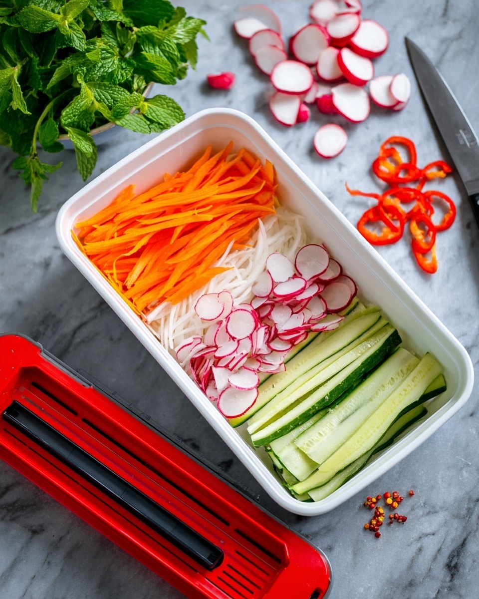 A white rectangular container holds three layers of thinly cut vegetables placed side by side: bright orange carrot sticks on the left, thin white slices with red edges of radish in the middle, and pale green cucumber sticks on the right. Around the container, there is a bunch of fresh green mint leaves in the back left, sliced round radish pieces near a black-handled knife, and some red pepper rings scattered nearby. In front, a red vegetable slicer lies on the white marbled surface. photo taken with an iphone --ar 4:5 --v 7