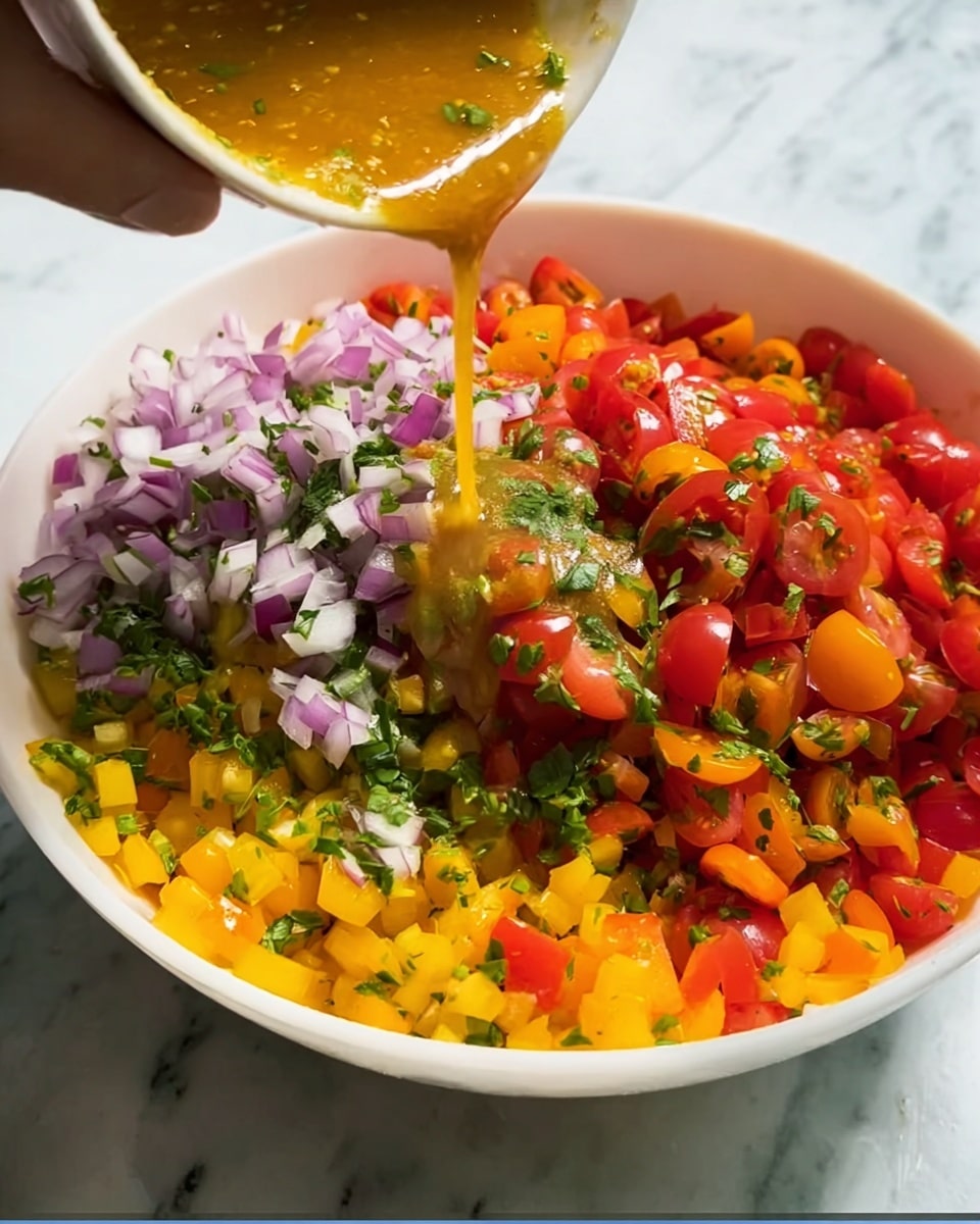 A white bowl filled with three layers of fresh, colorful vegetables: the bottom layer has small, chopped yellow and orange pieces, the middle layer is a mix of red cherry tomato halves and chopped red bell peppers, and the top layer is finely chopped red onions and green herbs. A woman's hand is pouring a thick, golden-brown dressing over the top, with some of it dripping down into the vegetables. The bowl is placed on a white marbled surface. Photo taken with an iphone --ar 4:5 --v 7