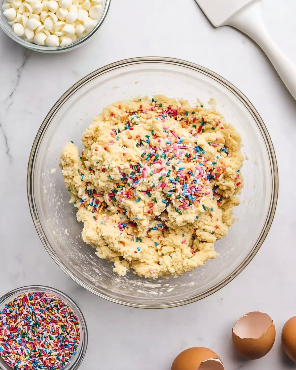 A clear glass bowl contains light yellow cookie dough mixed with colorful rainbow sprinkles scattered on top, showing a rough, slightly crumbly texture. The bowl sits on a white marbled surface, surrounded by three brown eggshell halves to the right, a small clear bowl filled with white chocolate chips at the bottom left, and another small clear bowl with more rainbow sprinkles below the dough bowl. A white silicone spatula is visible in the top right corner. Photo taken with an iphone --ar 4:5 --v 7