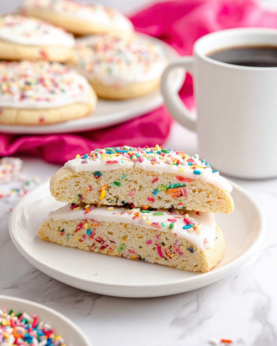 The image shows two large cookie halves stacked on a white plate on a white marbled surface. Each cookie has a light beige color and is dense with a soft texture that shows colorful confetti sprinkles inside. The top of each cookie half is covered with a smooth white frosting that has a glossy finish, decorated with bright, colorful sprinkles. In the background, there are more cookies similarly decorated on white plates, and a white cup filled with dark black coffee is also visible. The setting has a clean and bright look, with a bright pink cloth softly blurred in the background adding a lively touch. photo taken with an iphone --ar 4:5 --v 7