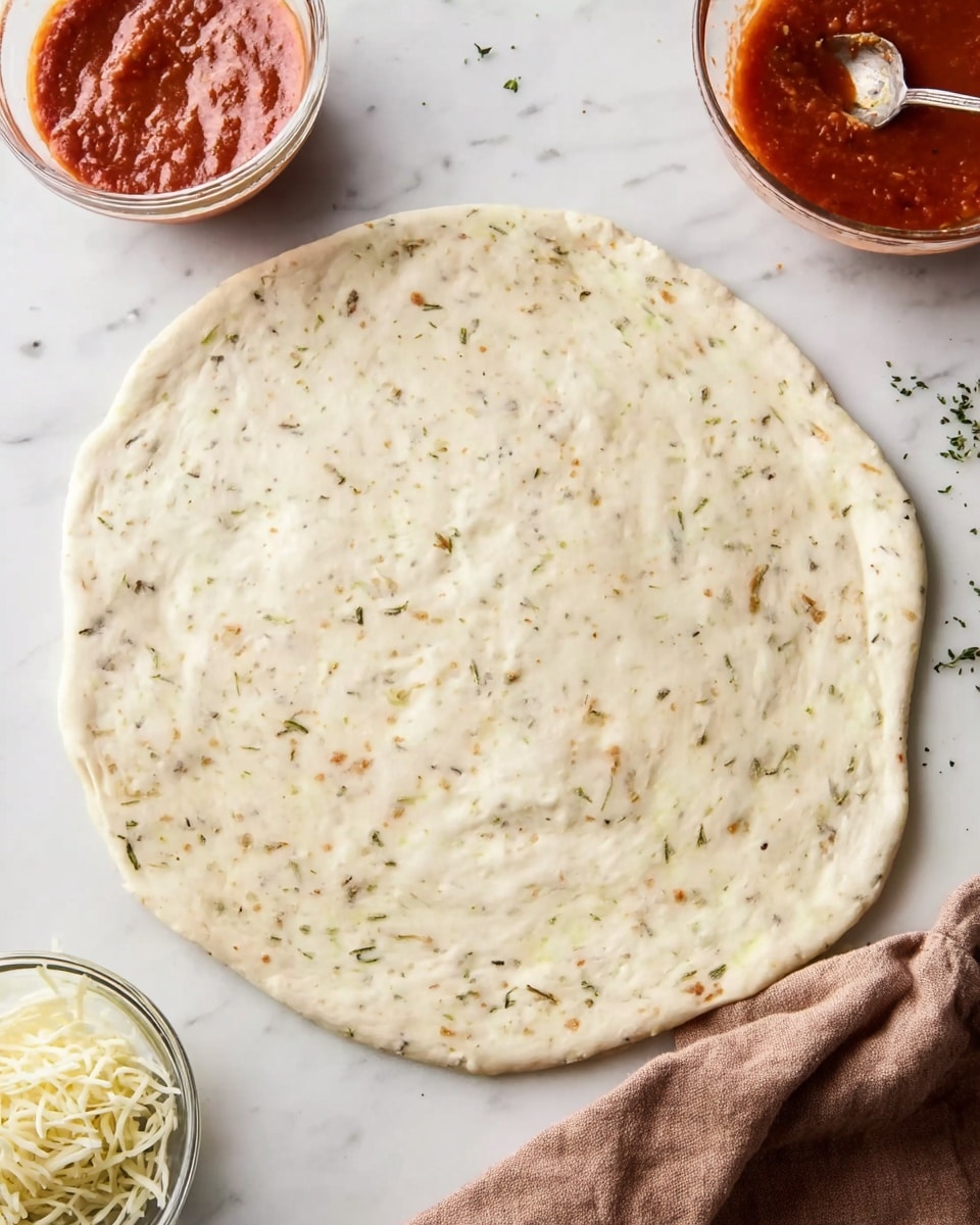 A round, flat dough is stretched out on a white marbled surface. The dough is pale beige with small dark specks of herbs spread evenly throughout. Around the dough, there are clear bowls, one containing shredded pale yellow cheese and another with bright red tomato sauce with a silver spoon resting in it. A brown cloth napkin is placed slightly folded on the lower right corner. Photo taken with an iphone --ar 4:5 --v 7