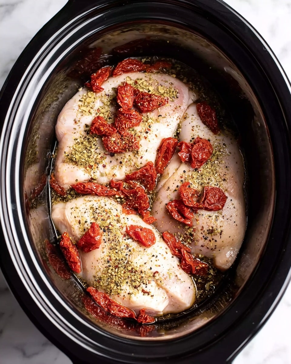 A black slow cooker filled with three raw, pale pink chicken pieces spread out inside. The chicken is topped with scattered small chunks of bright red dried tomatoes and sprinkled with a mix of greenish-yellow herbs and black pepper. The inside of the slow cooker has a shiny, reflective surface, and the whole scene is set on a white marbled texture. photo taken with an iphone --ar 4:5 --v 7