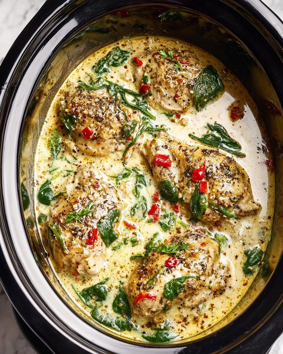 The image shows four browned chicken pieces in a creamy sauce inside a large slow cooker. The chicken is cooked with visible pepper and herbs on top, giving a textured peppered look. Bright green spinach leaves and small red pepper pieces are scattered throughout the light yellow creamy sauce, creating a colorful contrast. The creamy sauce has a smooth texture and swirls around the chicken and greens, filling the pot almost to the top. The background is a white marbled texture. photo taken with an iphone --ar 4:5 --v 7