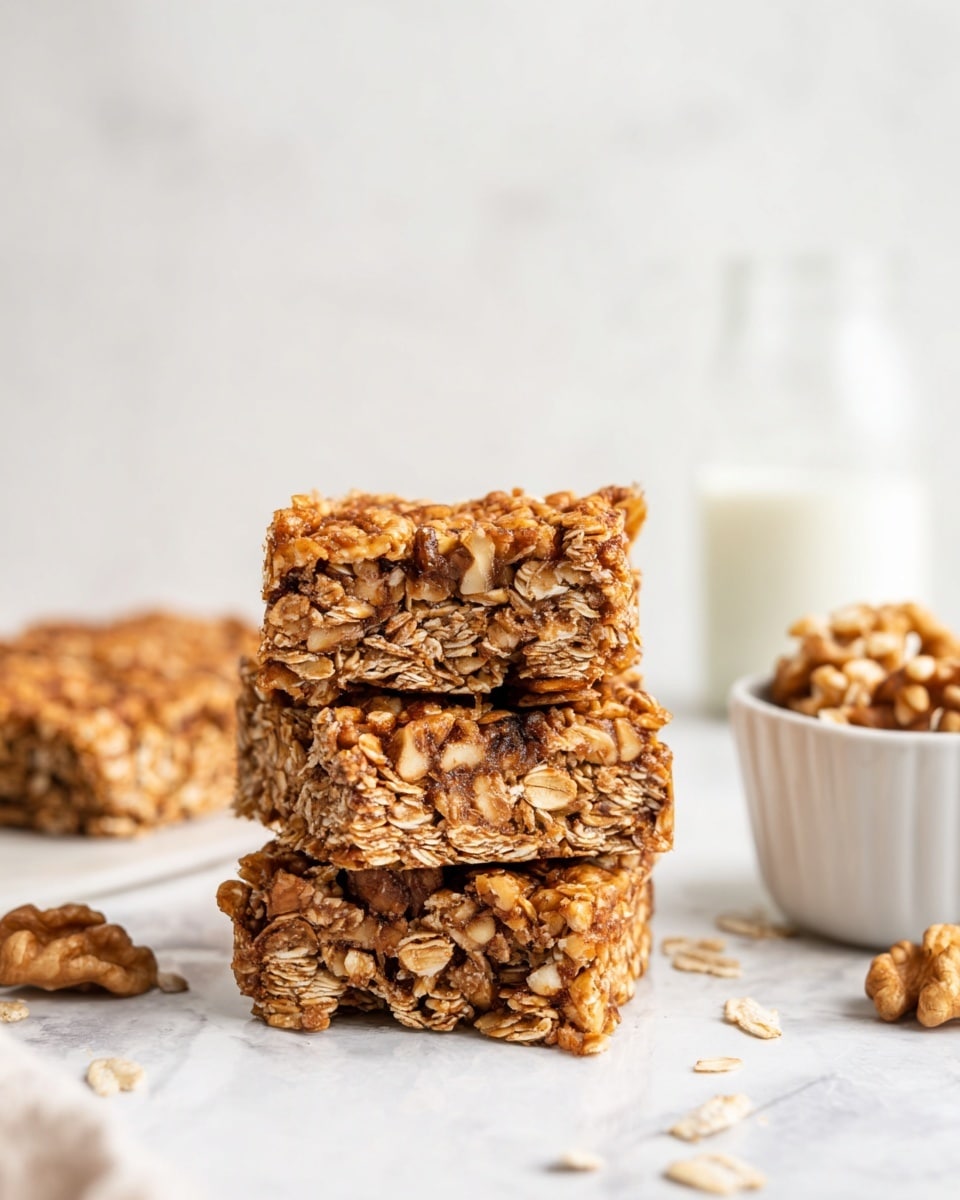 A stack of three granola bars sits in the center on a white marbled surface. The bars are dense with visible oats and nuts, showing a mix of golden brown and light tan colors with a crumbly texture. The top bar is slightly tilted, revealing the rough, uneven layers filled with oats and small pieces of nuts. To the right, a white bowl holds some whole walnuts, with more walnuts scattered nearby. In the blurred background, there is a clear glass bottle filled with milk, adding a soft whitish tone to the scene, all set against a white marbled textured backdrop. photo taken with an iphone --ar 4:5 --v 7