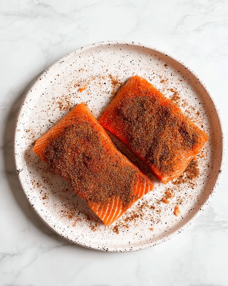 Two pieces of bright orange raw salmon lay side by side on a round white speckled plate, each covered with a rough layer of dark brown spice mix dusted unevenly on top. The plate rests on a smooth white marbled surface. The salmon pieces have a fresh, slightly shiny texture visible beneath the spice layer, and some spice is scattered around the plate edges. photo taken with an iphone --ar 4:5 --v 7
