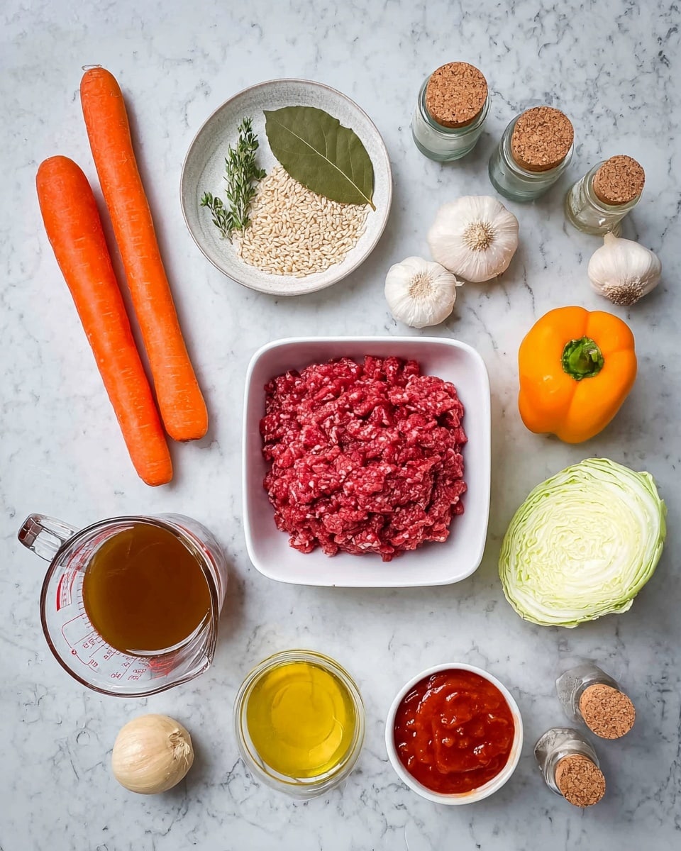 The image shows different cooking ingredients arranged on a white marbled surface. In the center is a white square bowl filled with red raw ground meat. To the left are two bright orange carrots, a small round white plate with green herbs and a bay leaf, and a small glass bowl filled with uncooked brown rice. Below that is a clear measuring jug with brown broth. Next to the meat bowl, there is a small bowl of yellow sauce, a whole red bell pepper, and a white cabbage head. On the right side are a yellow onion, two garlic bulbs, a bottle of olive oil, a small bowl of red tomato sauce, and two small glass bottles with cork tops containing spices. All items are neatly placed on the surface, showing fresh colorful ingredients. photo taken with an iphone --ar 4:5 --v 7