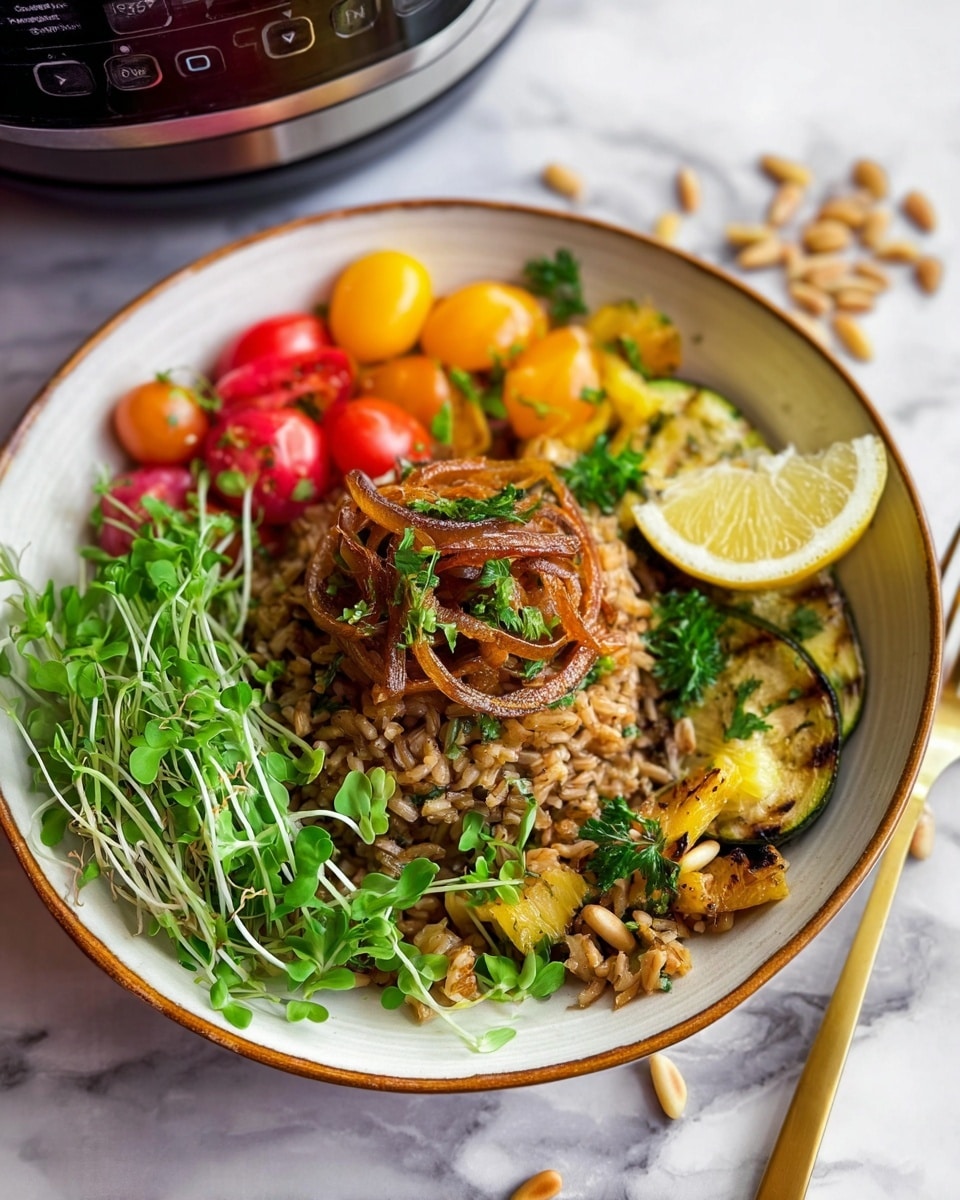 The image shows a white bowl with a brown rim filled with a colorful dish. The center layer is a mound of cooked brown rice mixed with herbs and some pineapple pieces, topped with caramelized onion rings. On one side of the bowl, there are halved red and yellow cherry tomatoes creating a bright color contrast. Next to the tomatoes, fresh green microgreens add a fresh look. On the opposite side of the bowl, there are slices of grilled zucchini and a lemon wedge. Fresh parsley leaves are scattered on the dish, and some pine nuts are sprinkled on top and around the bowl. A gold fork rests at the edge of the bowl on a white marbled surface. Photo taken with an iphone --ar 4:5 --v 7