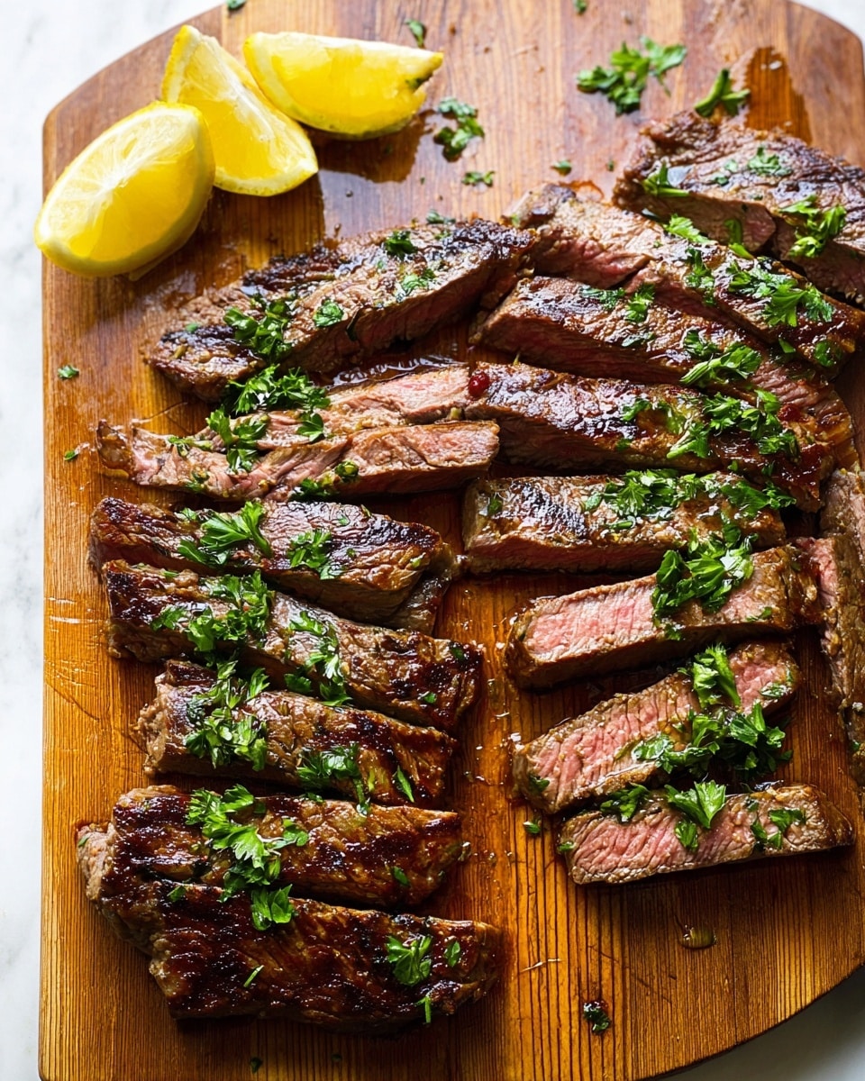 A wooden board holds several slices of grilled steak arranged in two rows, showing a mix of brown cooked edges and pink centers with a juicy texture. Fresh green parsley is sprinkled over the steak, adding bright color. To the top left, there are two lemon wedges with a shiny, wet surface placed next to the steak. The board has visible knife marks and some juice from the steak, enhancing the fresh, ready-to-eat look. The scene is set on a white marbled surface with natural light. photo taken with an iphone --ar 4:5 --v 7
