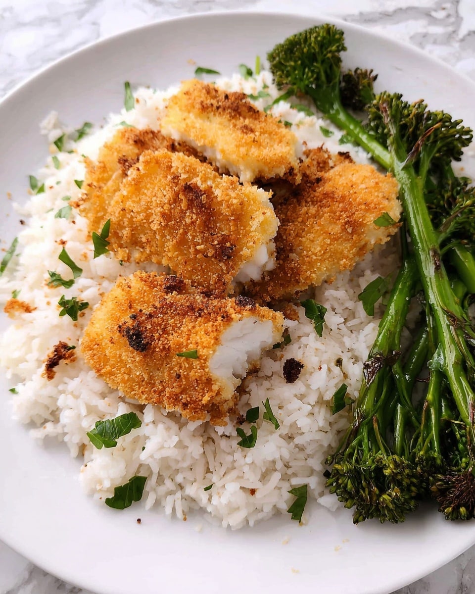 The dish shows a white plate with three pieces of golden brown breaded fish on top of a bed of fluffy white rice sprinkled with small green parsley leaves. To the upper right of the plate, there is a small bunch of bright green grilled broccolini with some char marks. The white plate sits on a white marbled surface. Photo taken with an iphone --ar 4:5 --v 7
